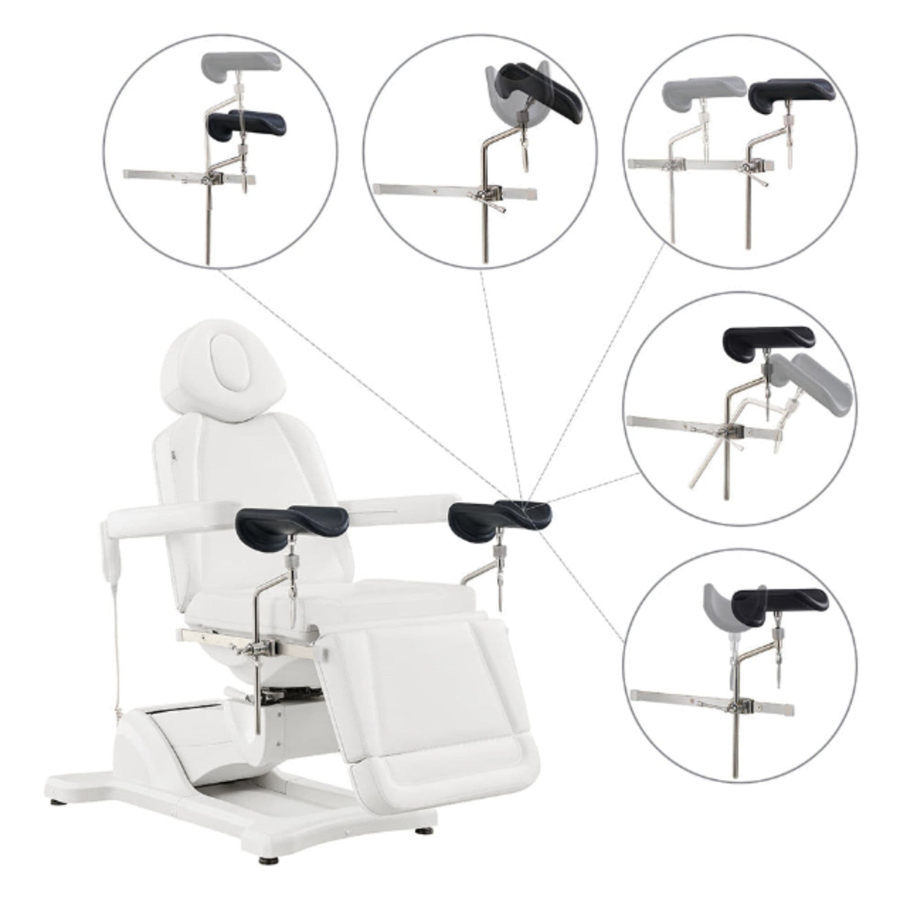 Pavo 4-Motor OB GYN Exam Chair White Front Angled View Showing Adjustable Stirrup Functions And Positions On White Background
