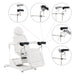 Pavo 4-Motor OB GYN Exam Chair White Front Angled View Showing Adjustable Stirrup Functions And Positions On White Background