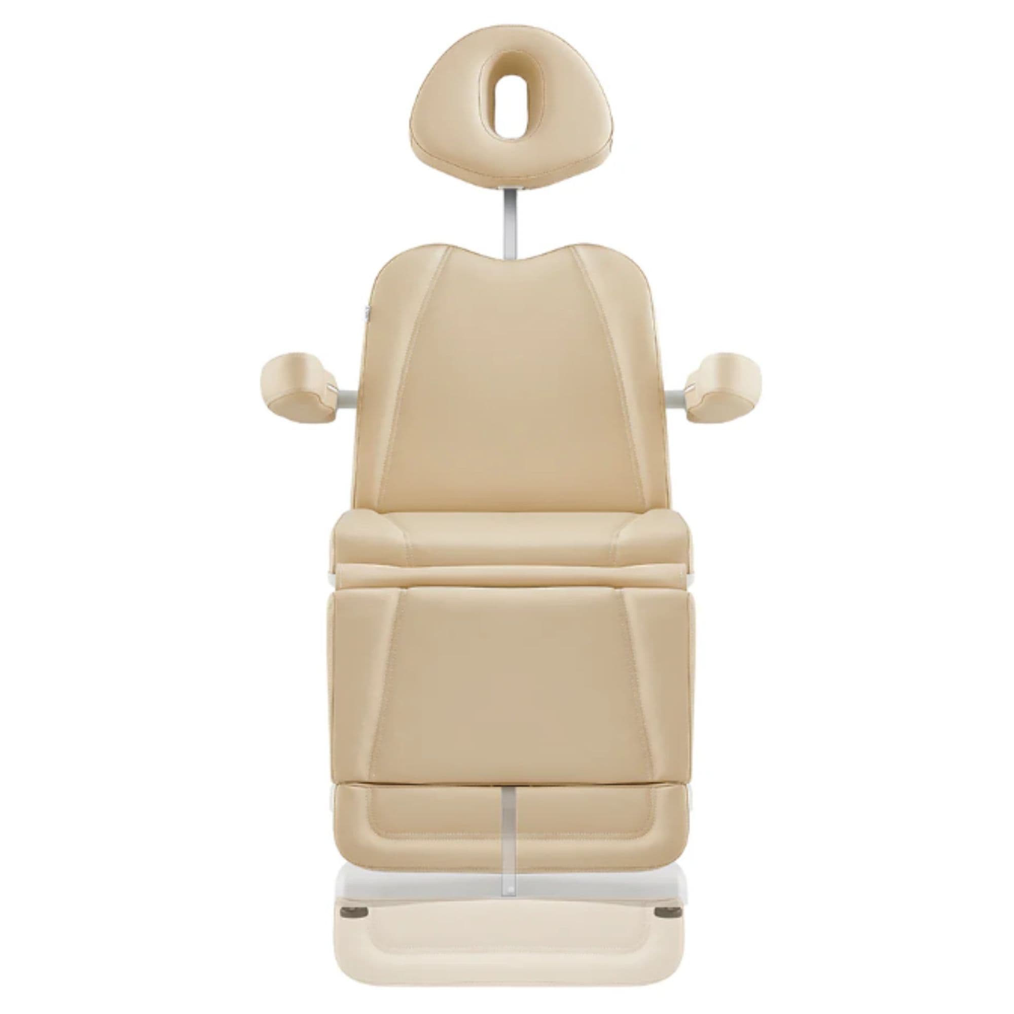 Pavo 4-Motors Swivel Medical Spa Treatment Table Beige Variant Front View With Raised Headrest On White Background
