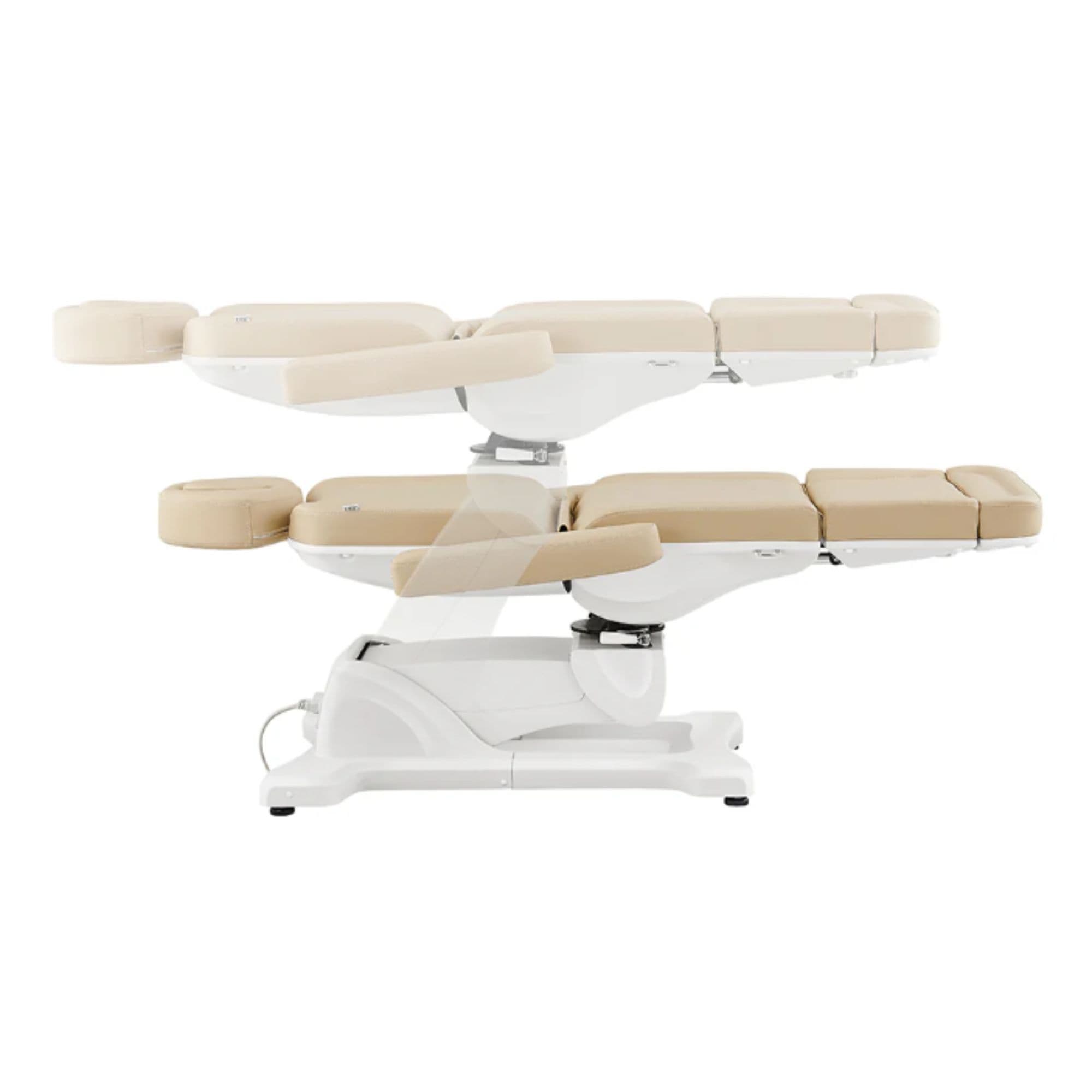 Pavo 4-Motors Swivel Medical Spa Treatment Table Beige Variant Side View And Fully Reclined Demonstrating An Up And Down Adjustment On White Background