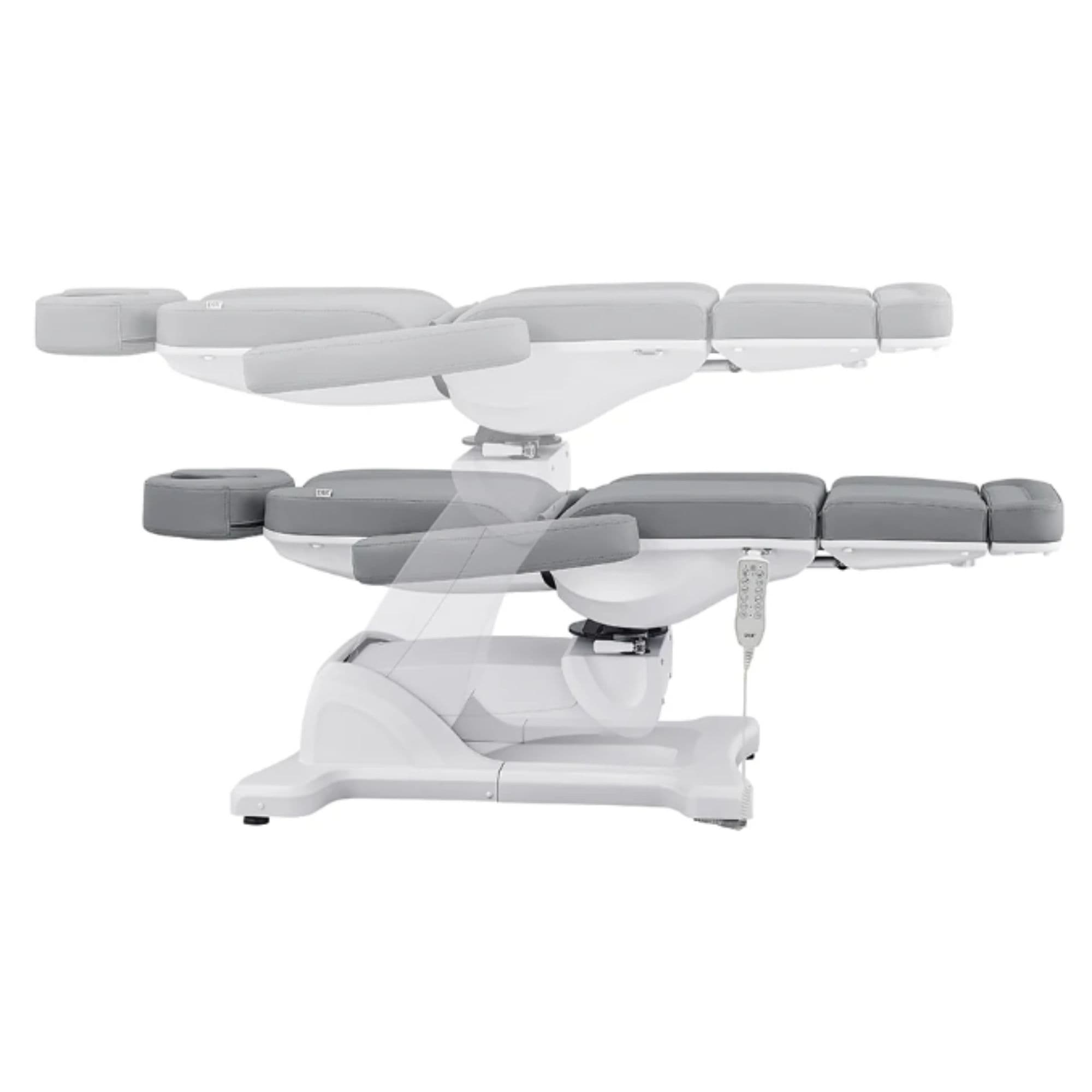 Pavo 4-Motors Swivel Medical Spa Treatment Table Gray Variant Side View And Fully Reclined Demonstrating An Up And Down Adjustment On White Background