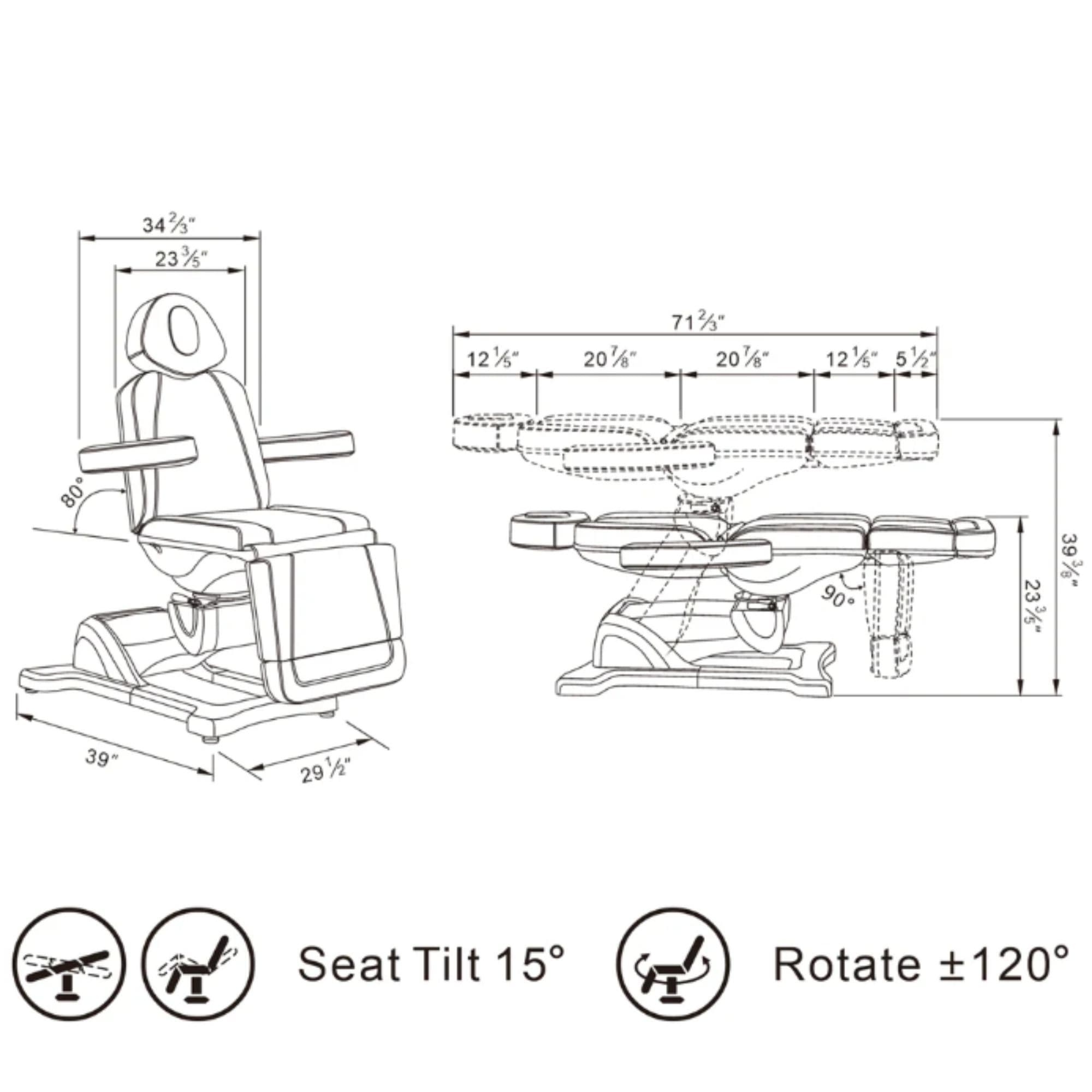 Pavo 4-Motors Swivel Medical Spa Treatment Table Product Dimension Diagram