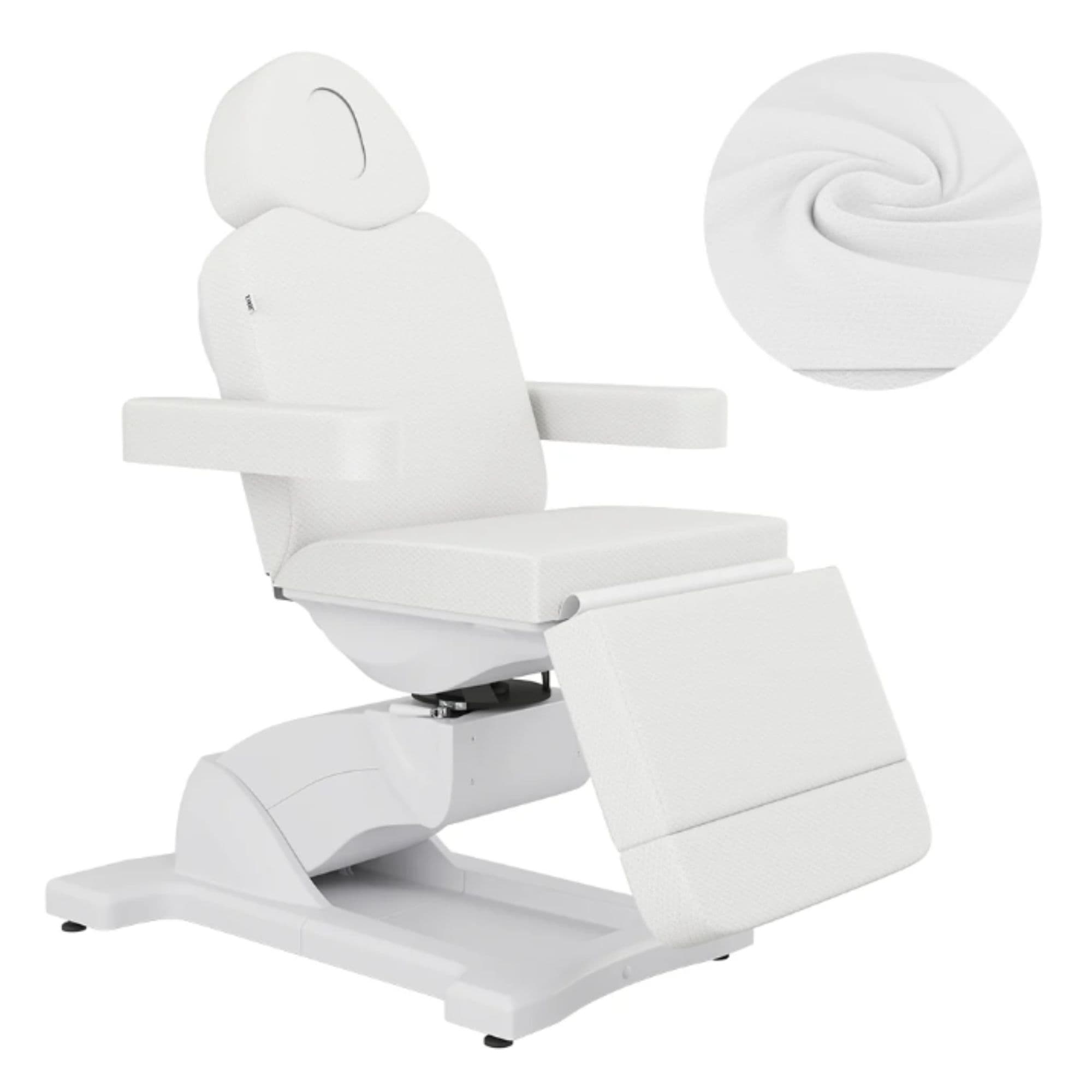 Pavo 4-Motors Swivel Medical Spa Treatment Table White Variant Front Angled View With Close-up View Of Upholstery On White Background
