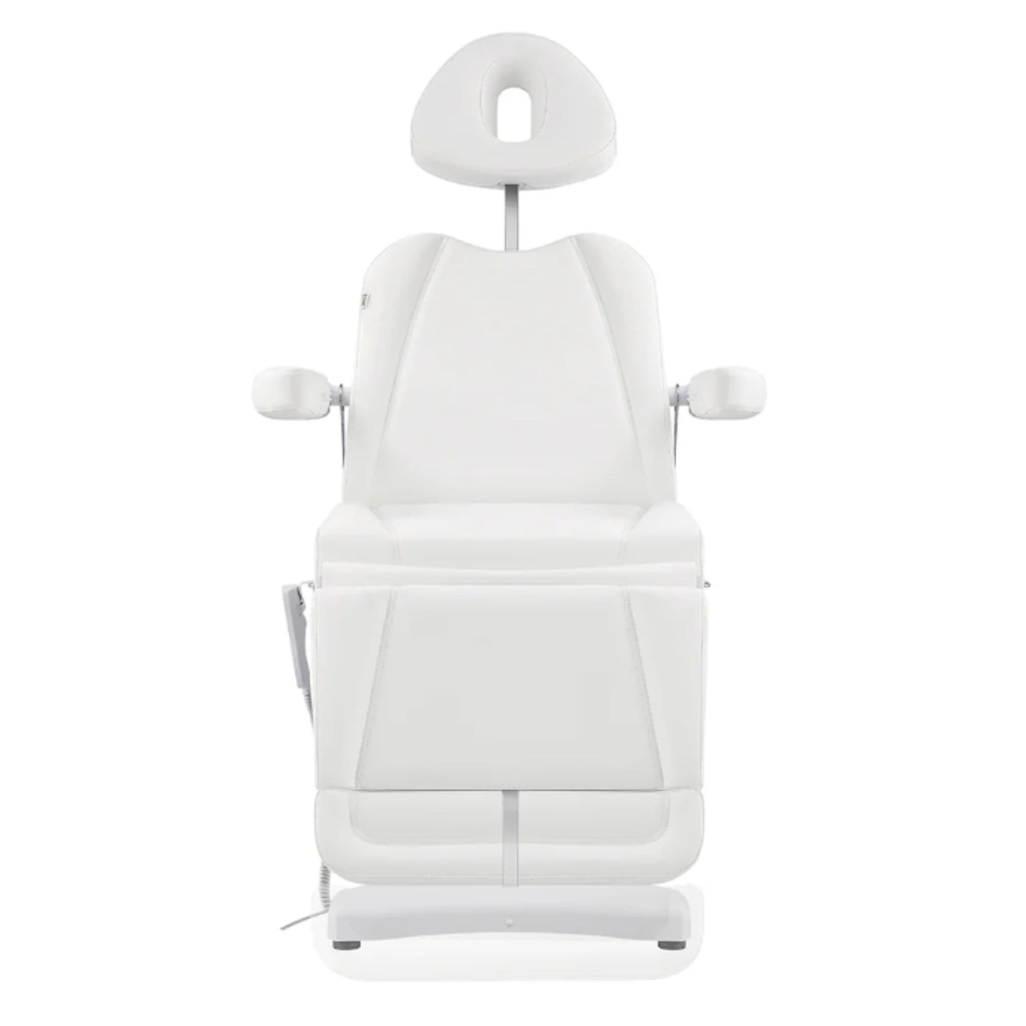 Pavo 4-Motors Swivel Medical Spa Treatment Table White Variant Front View With Raised Headrest On White Background