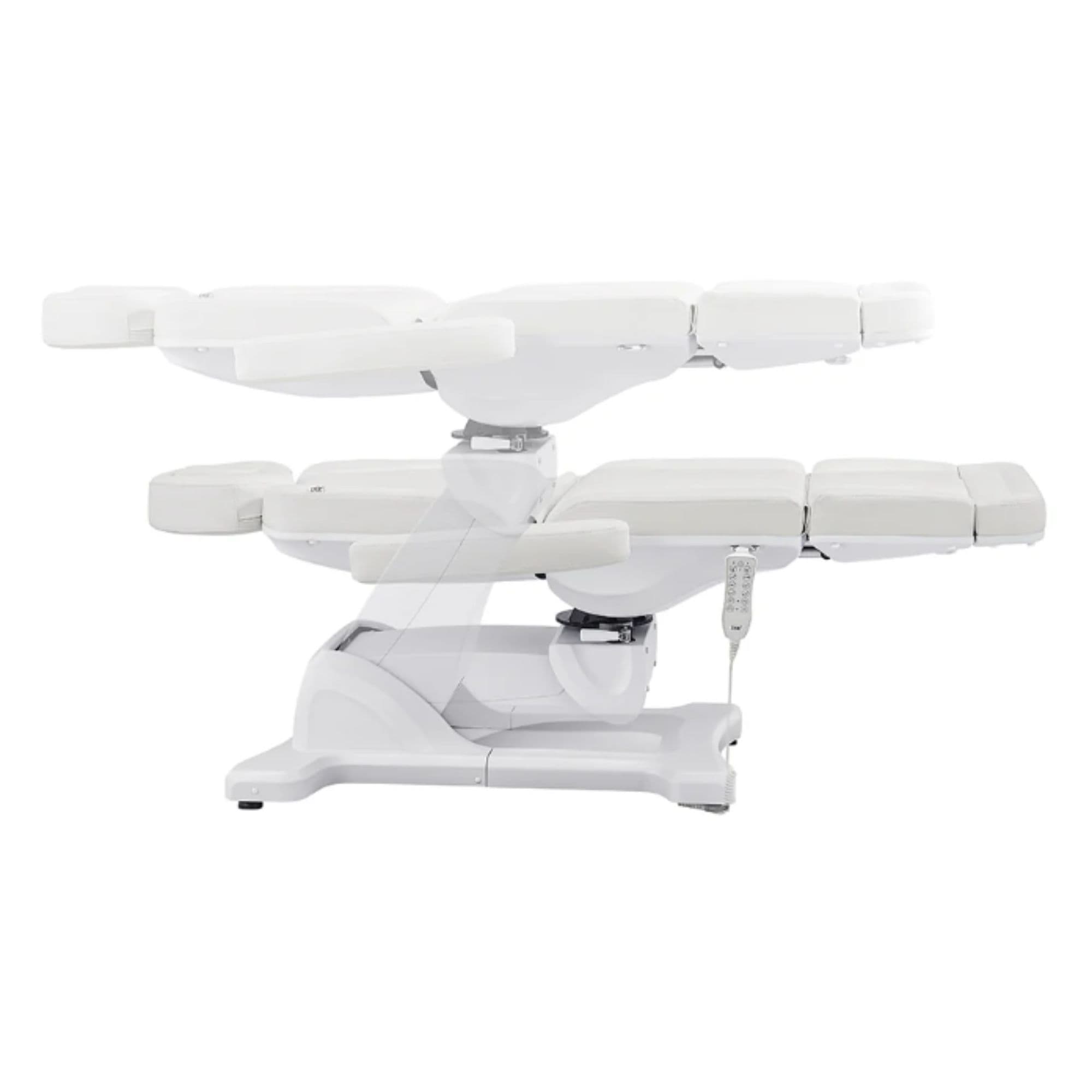 Pavo 4-Motors Swivel Medical Spa Treatment Table White Variant Side View And Fully Reclined Demonstrating An Up And Down Adjustment On White Background