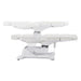 Pavo 4-Motors Swivel Medical Spa Treatment Table White Variant Side View And Fully Reclined Demonstrating An Up And Down Adjustment On White Background