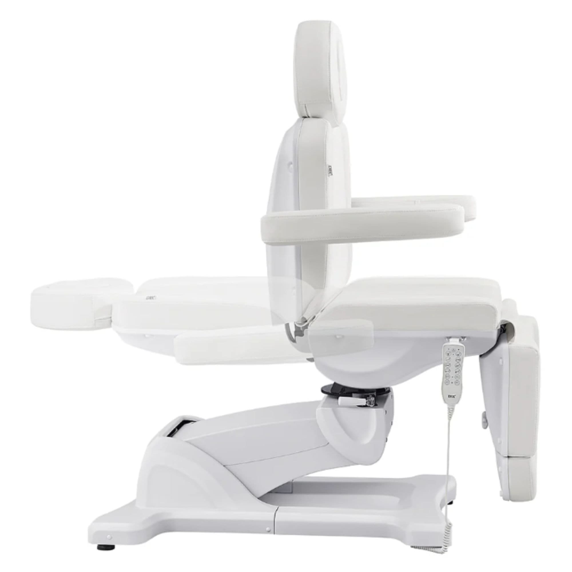 Pavo 4-Motors Swivel Medical Spa Treatment Table White Variant Side View Demonstrating Backrest Recline Adjustment Range On White Background