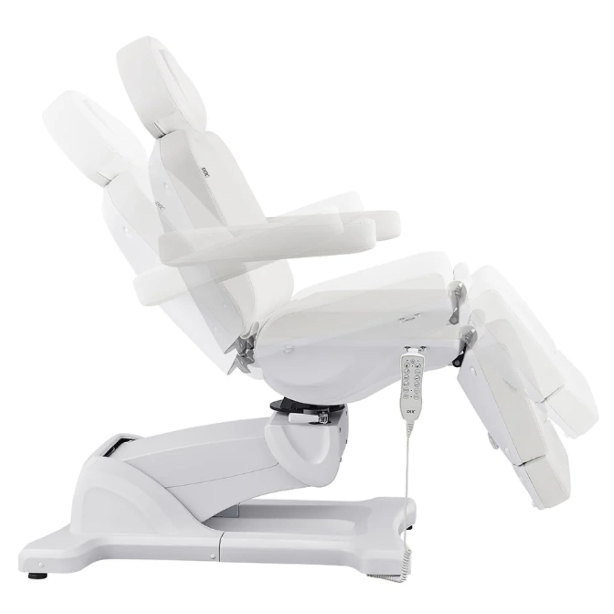Pavo 4-Motors Swivel Medical Spa Treatment Table White Variant Side View Demonstrating Swing Adjustment On White Background