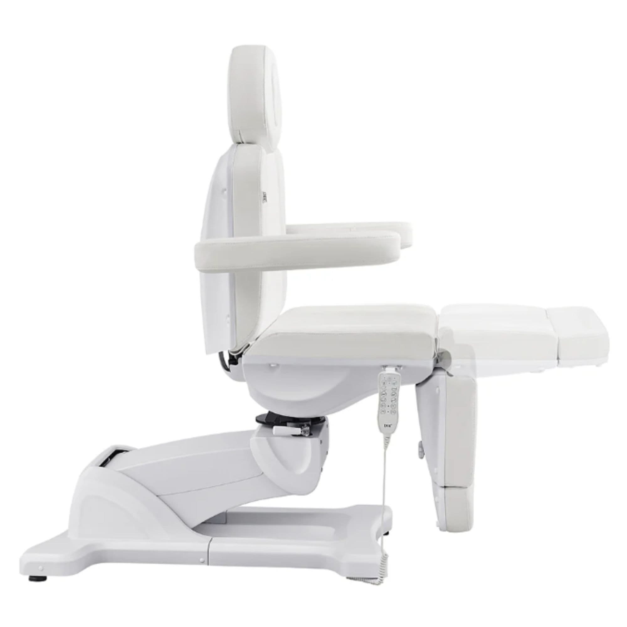 Pavo 4-Motors Swivel Medical Spa Treatment Table White Variant Side View Showing Extendable Footrest Positions On White Background