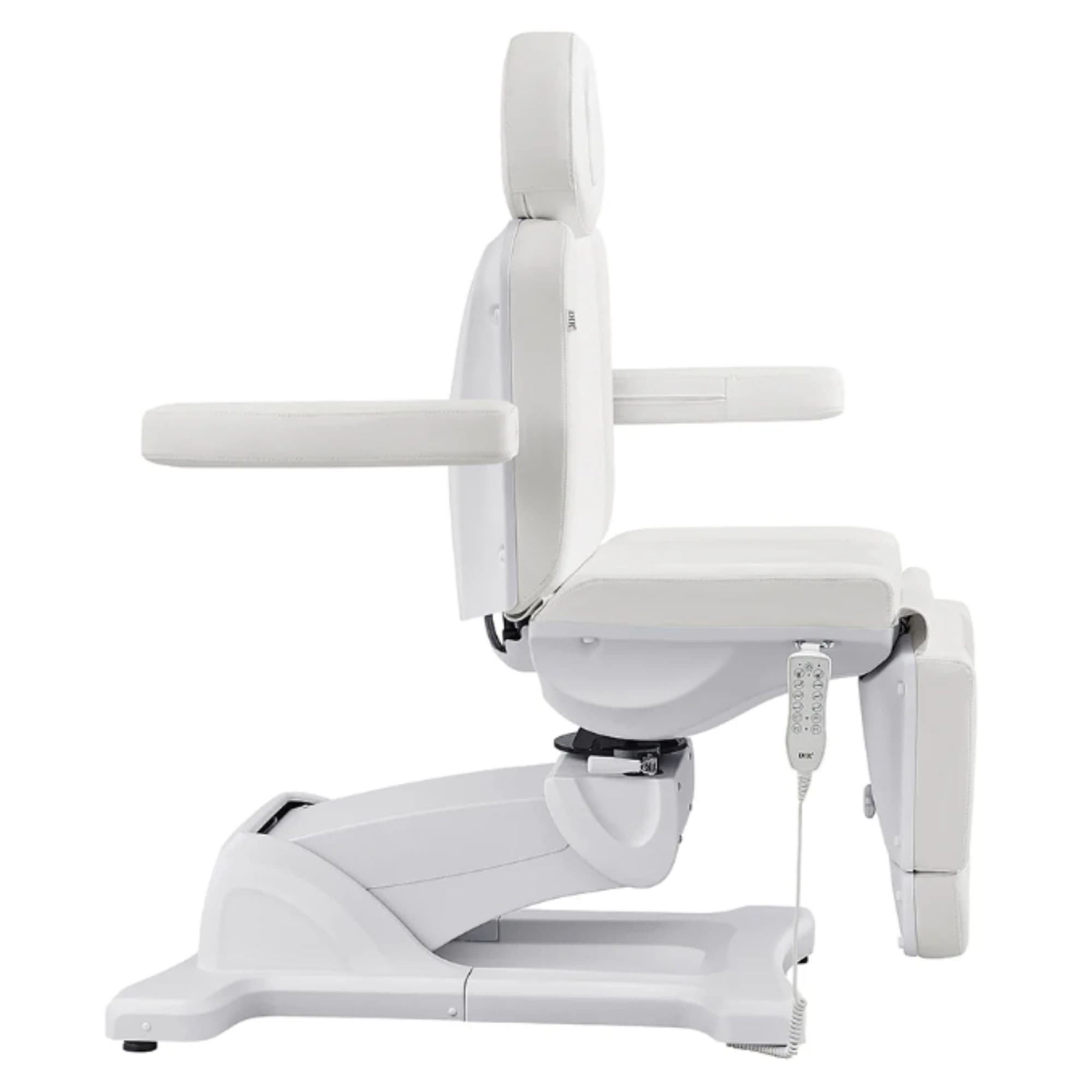 Pavo 4-Motors Swivel Medical Spa Treatment Table White Variant Side View Showing Swing-Away Armrest Position On White Background