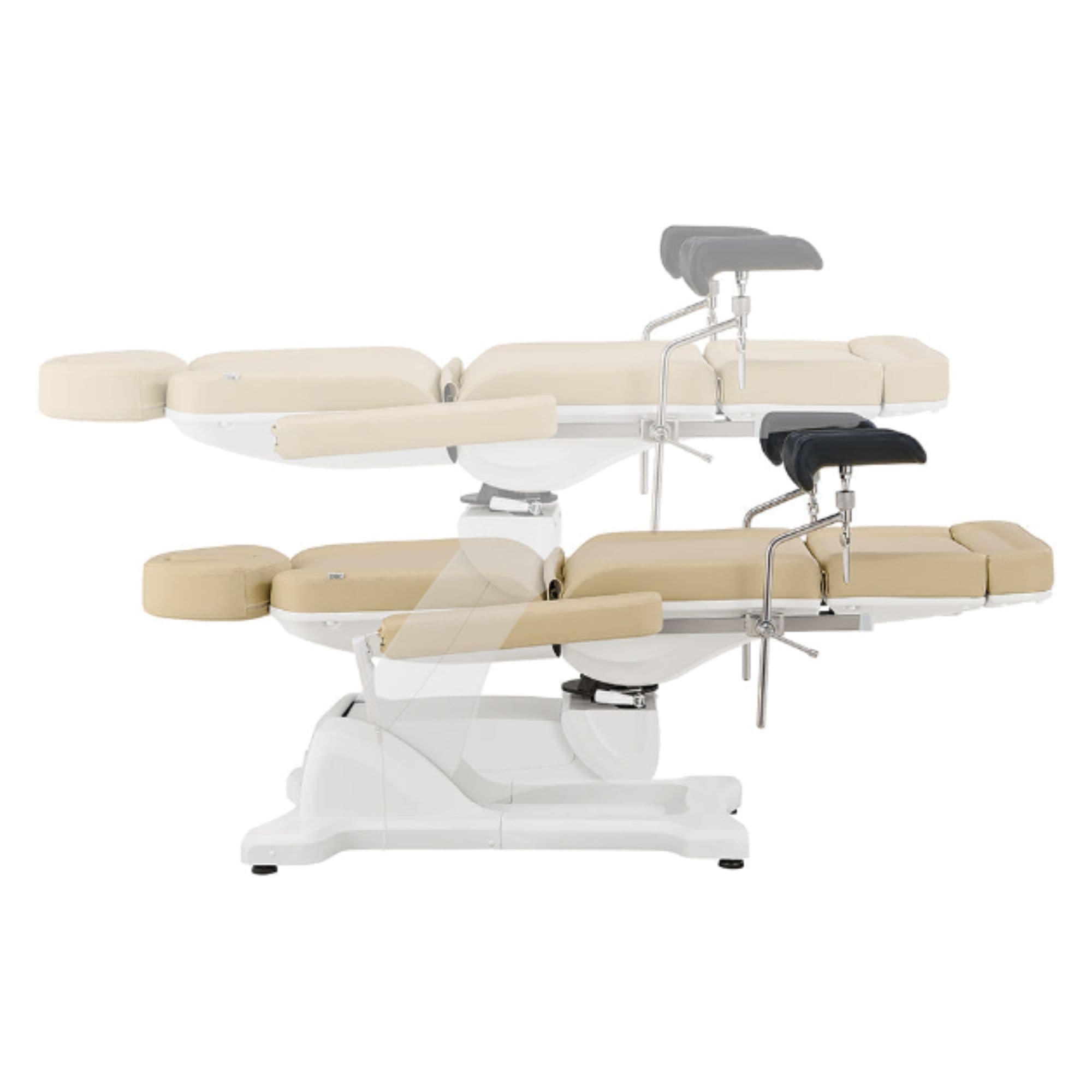 Pavo OB 4-Motors OB GYN Exam Chair with Stirrups Beige Side View And Fully Reclined Demonstrating An Up And Down Adjustment On White Background