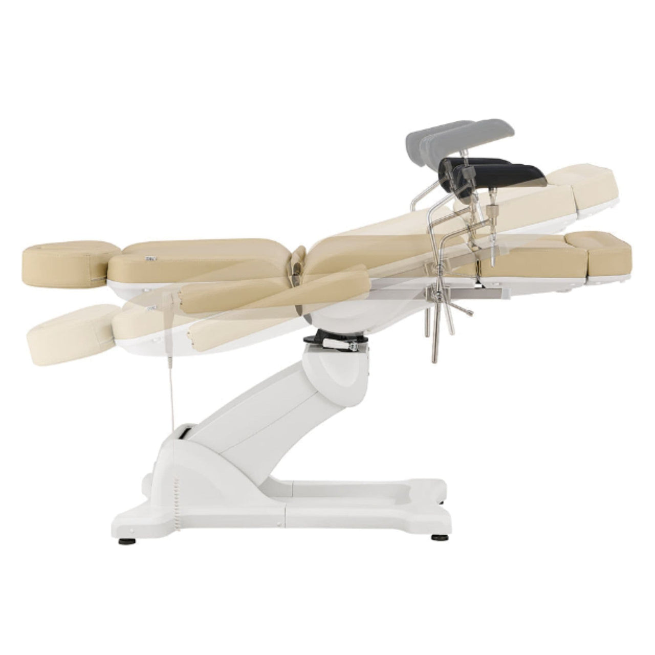 Pavo OB 4-Motors OB GYN Exam Chair with Stirrups Beige Side View Demonstrating Recline Adjustment Positions On White Background