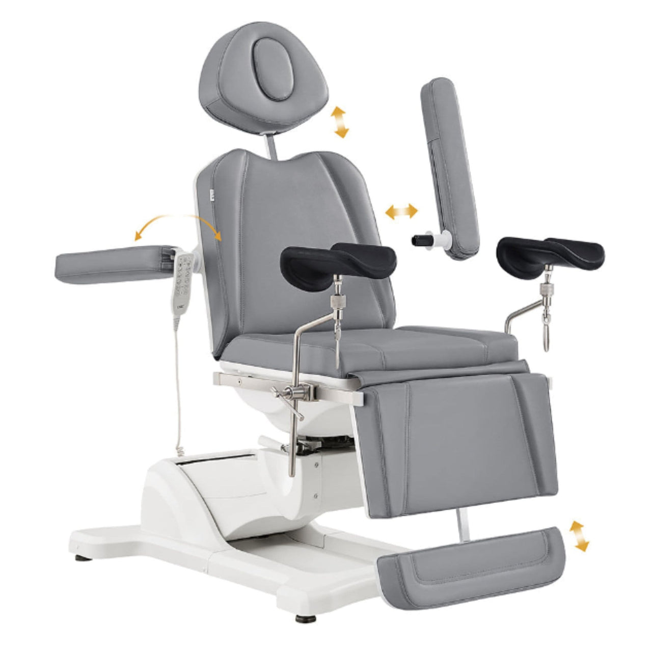 Pavo OB 4-Motors OB GYN Exam Chair with Stirrups Gray Front Angled View Demonstrating Adjustable Chair Features On White Background