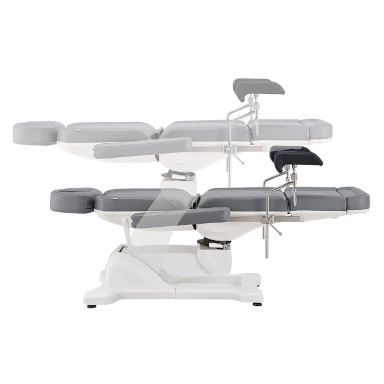 Pavo OB 4-Motors OB GYN Exam Chair with Stirrups Gray Side View And Fully Reclined Demonstrating An Up And Down Adjustment On White Background