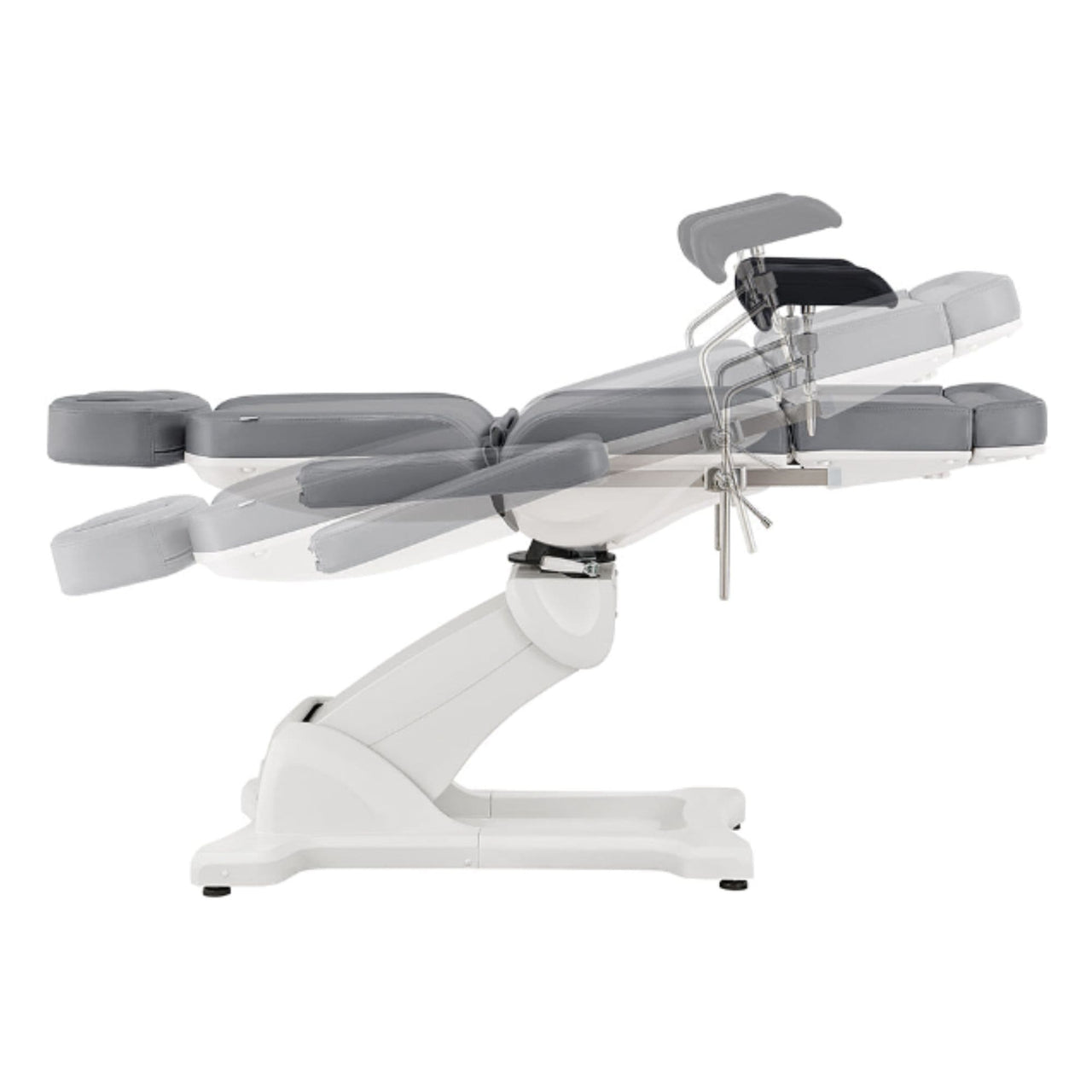 Pavo OB 4-Motors OB GYN Exam Chair with Stirrups Gray Side View Demonstrating Recline Adjustment Positions On White Background