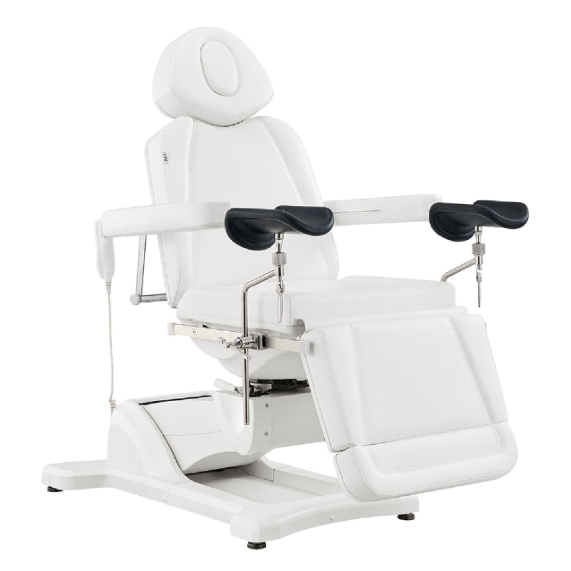 Pavo OB 4-Motors OB GYN Exam Chair with Stirrups White Front Angled View On White Background
