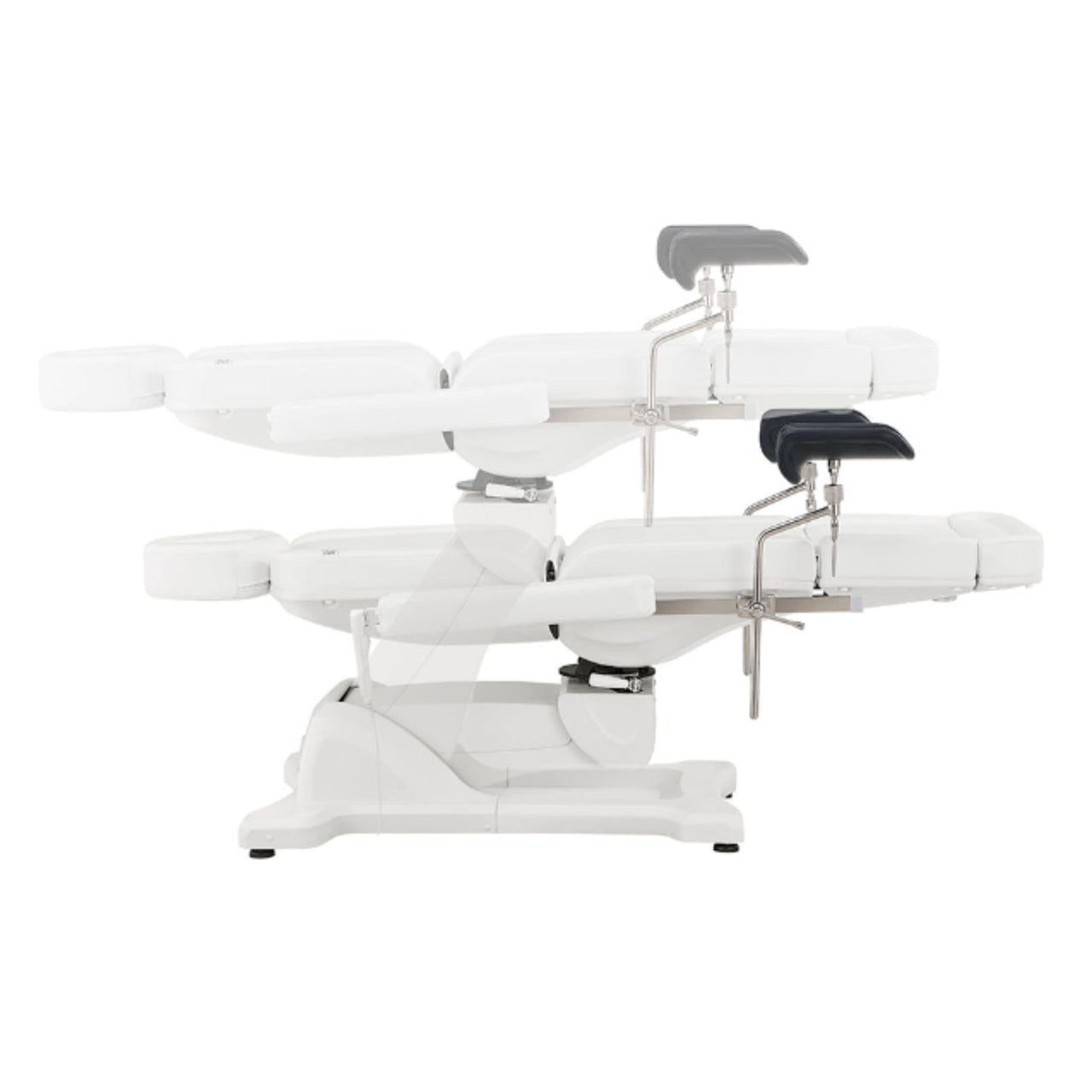 Pavo OB 4-Motors OB GYN Exam Chair with Stirrups White Side View And Fully Reclined Demonstrating An Up And Down Adjustment On White Background