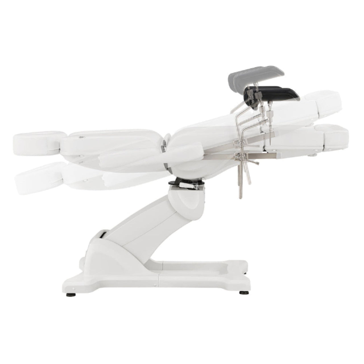 Pavo OB 4-Motors OB GYN Exam Chair with Stirrups White Side View Demonstrating Recline Adjustment Positions On White Background