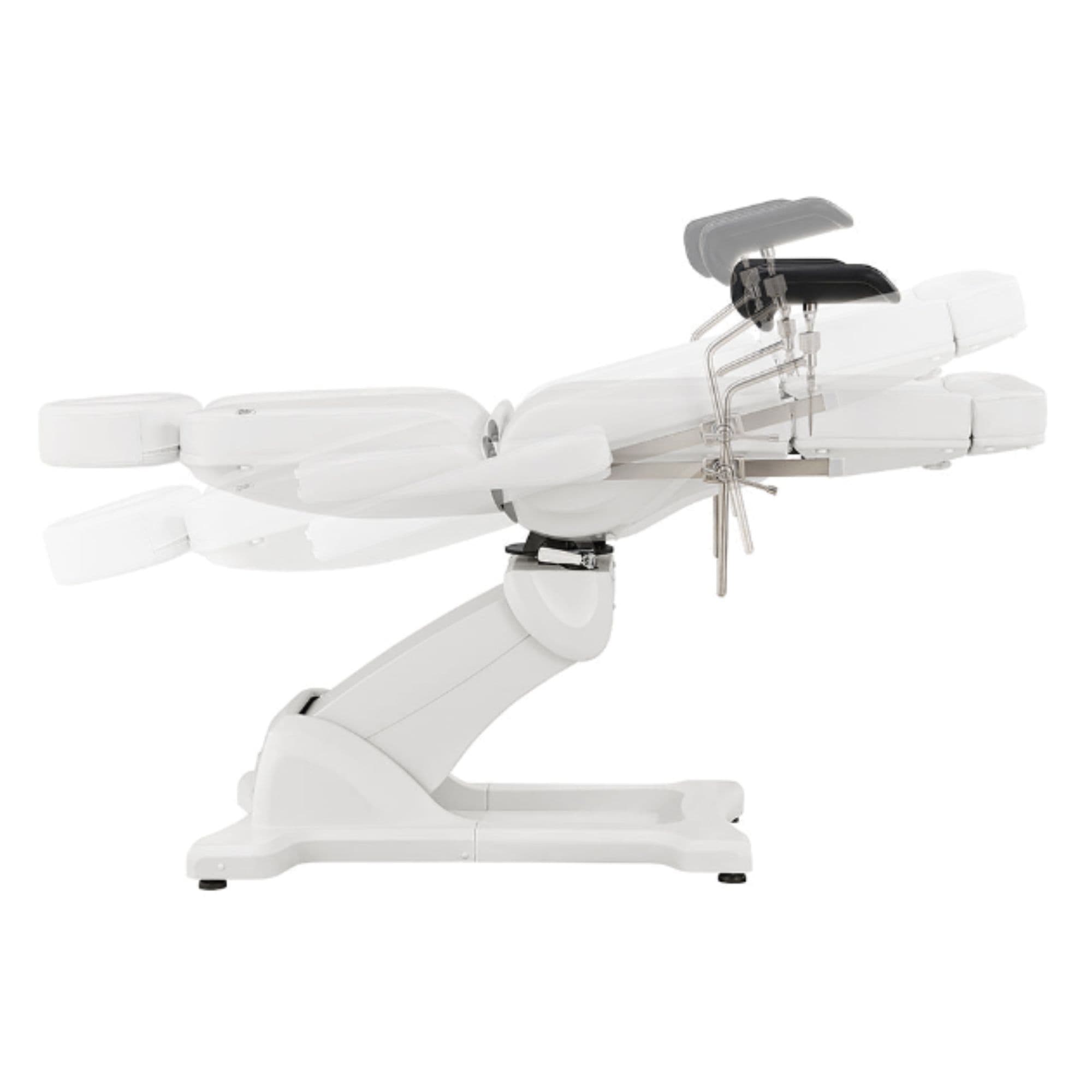 Pavo OB 4-Motors OB GYN Exam Chair with Stirrups White Side View Demonstrating Recline Adjustment Positions On White Background