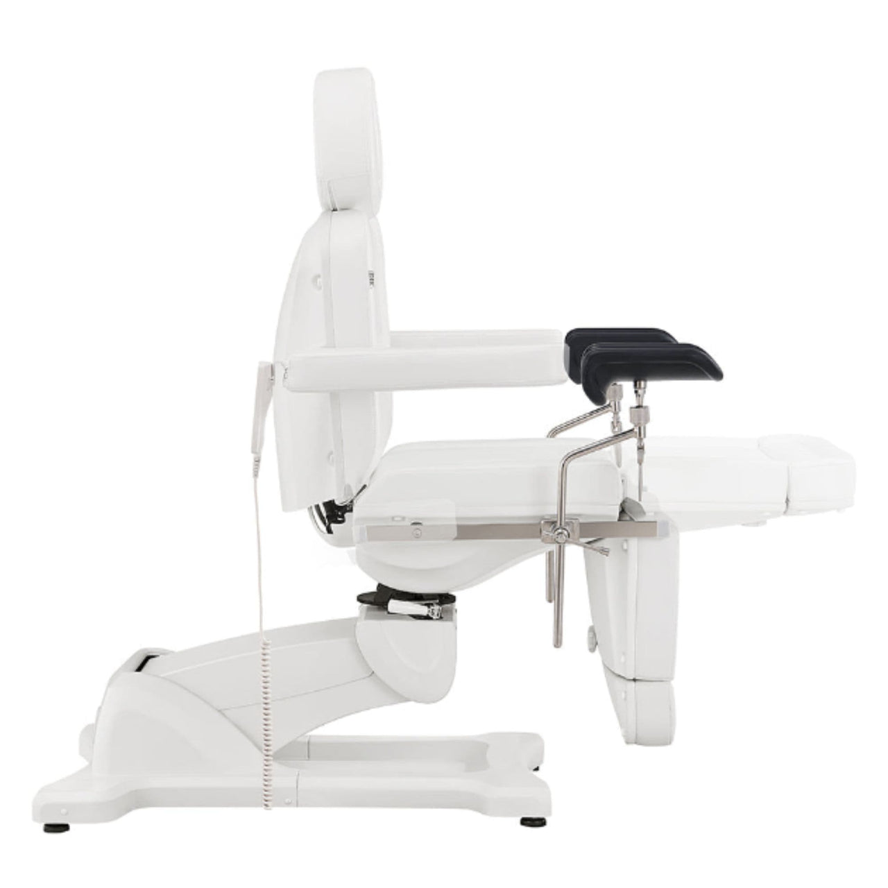 Pavo OB 4-Motors OB GYN Exam Chair with Stirrups White Side View Showing Extendable Footrest Positions On White Background
