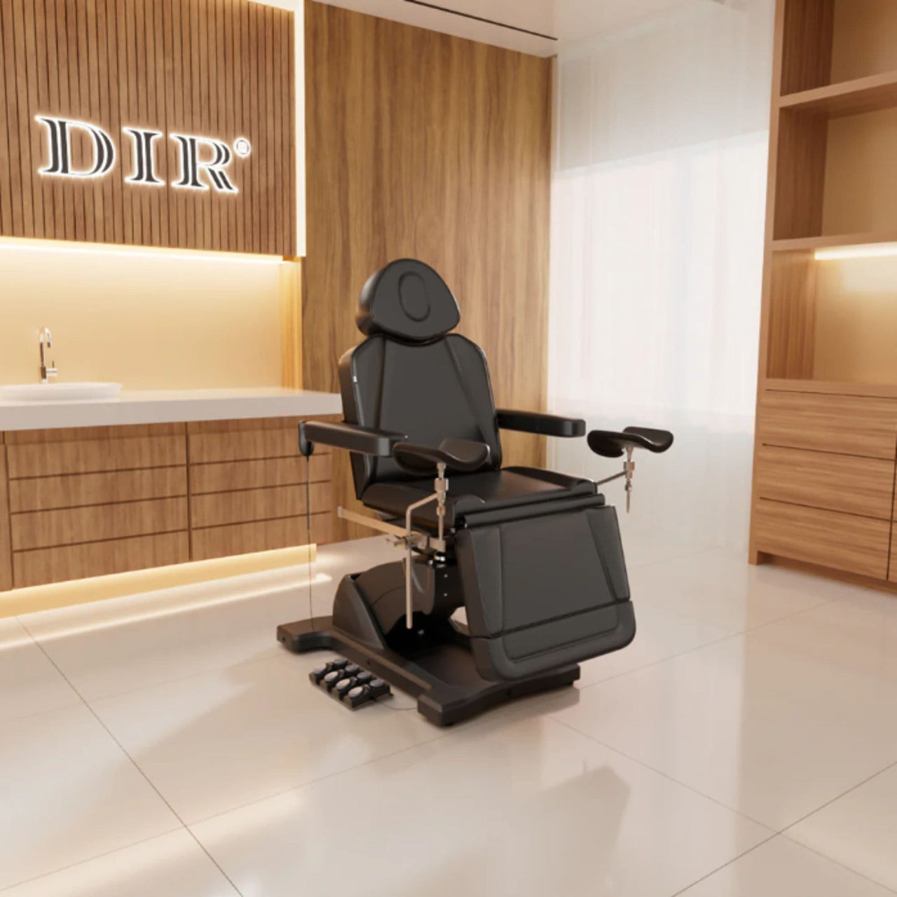 Pavo OB 4-Motors OB GYN Exam Chair with Stirrups With Natural Wooden Textured Wall In The Background