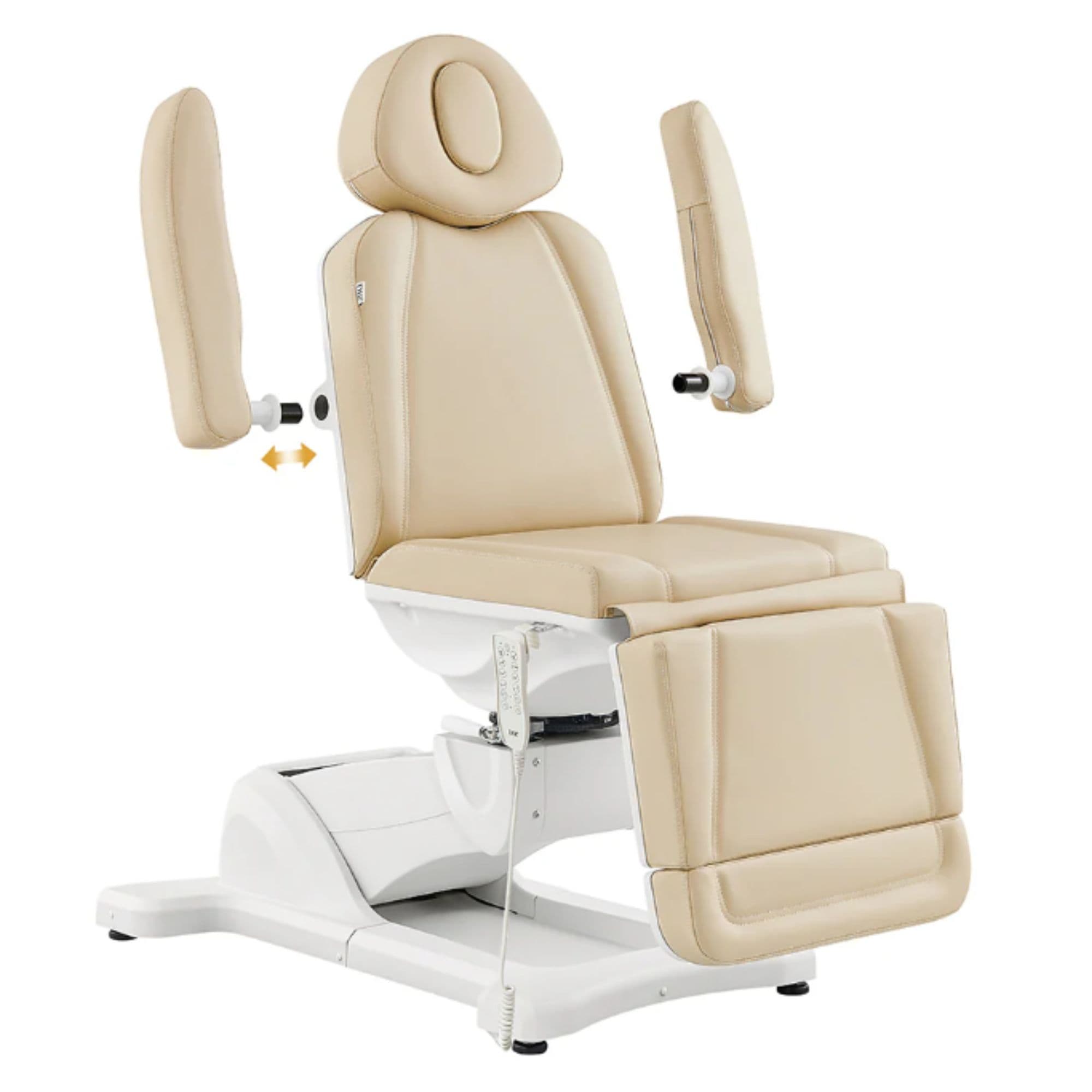 Pavo Quad-Motor Swivel Medical Spa Table Beige Variant Front Angled View Showing Detachable Armrest On White Background