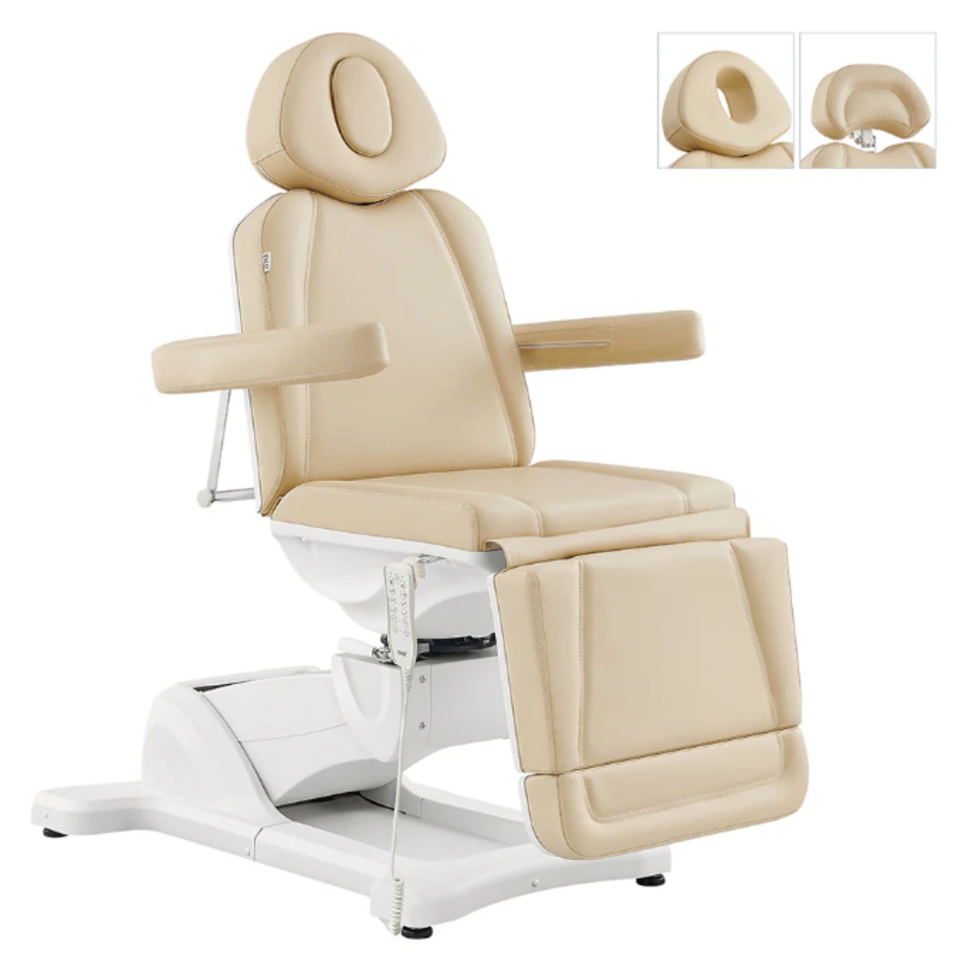 Pavo Quad-Motor Swivel Medical Spa Table Beige Variant Front Angled View With Detachable Headrest Options On White Background