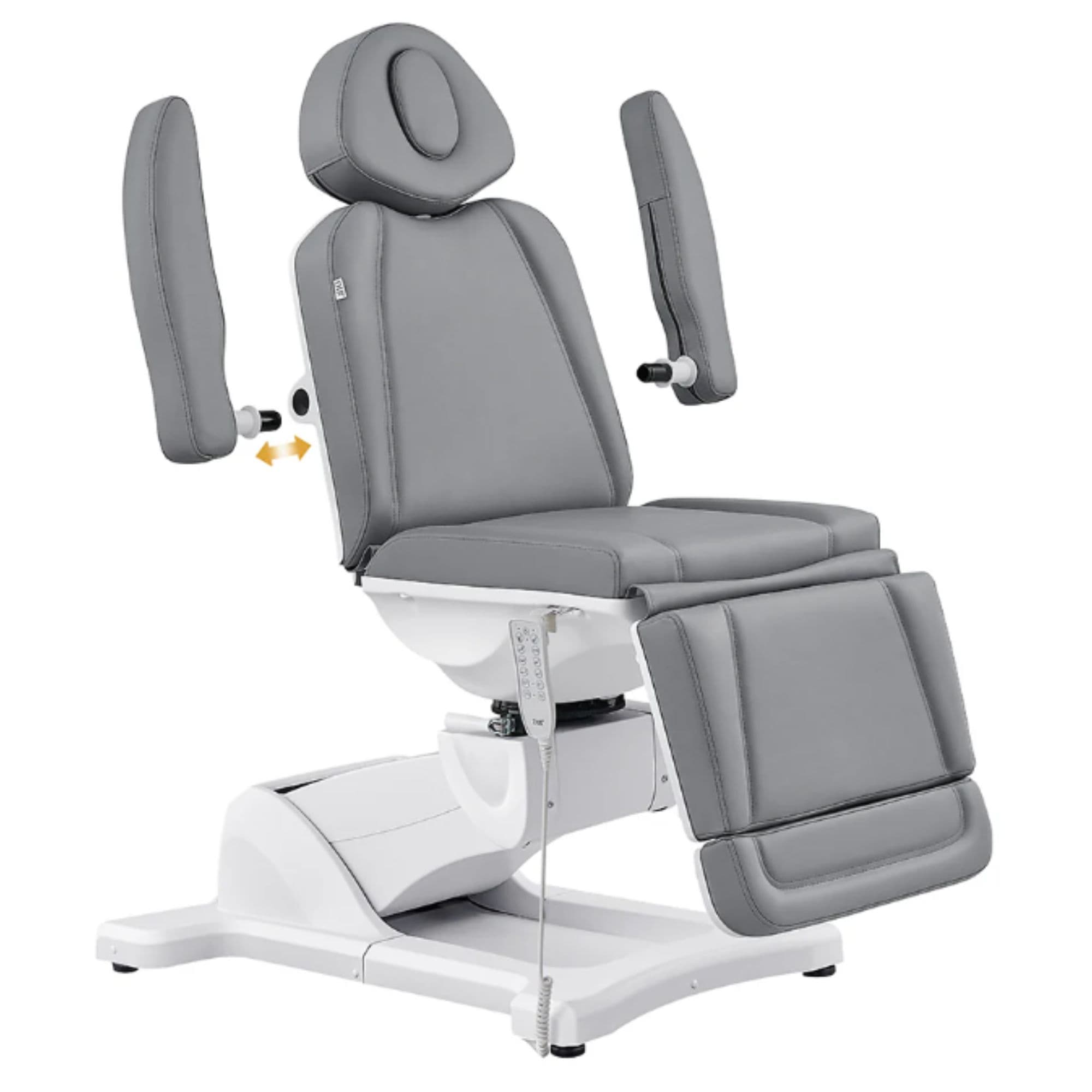 Pavo Quad-Motor Swivel Medical Spa Table Gray Variant Front Angled View Showing Detachable Armrest On White Background