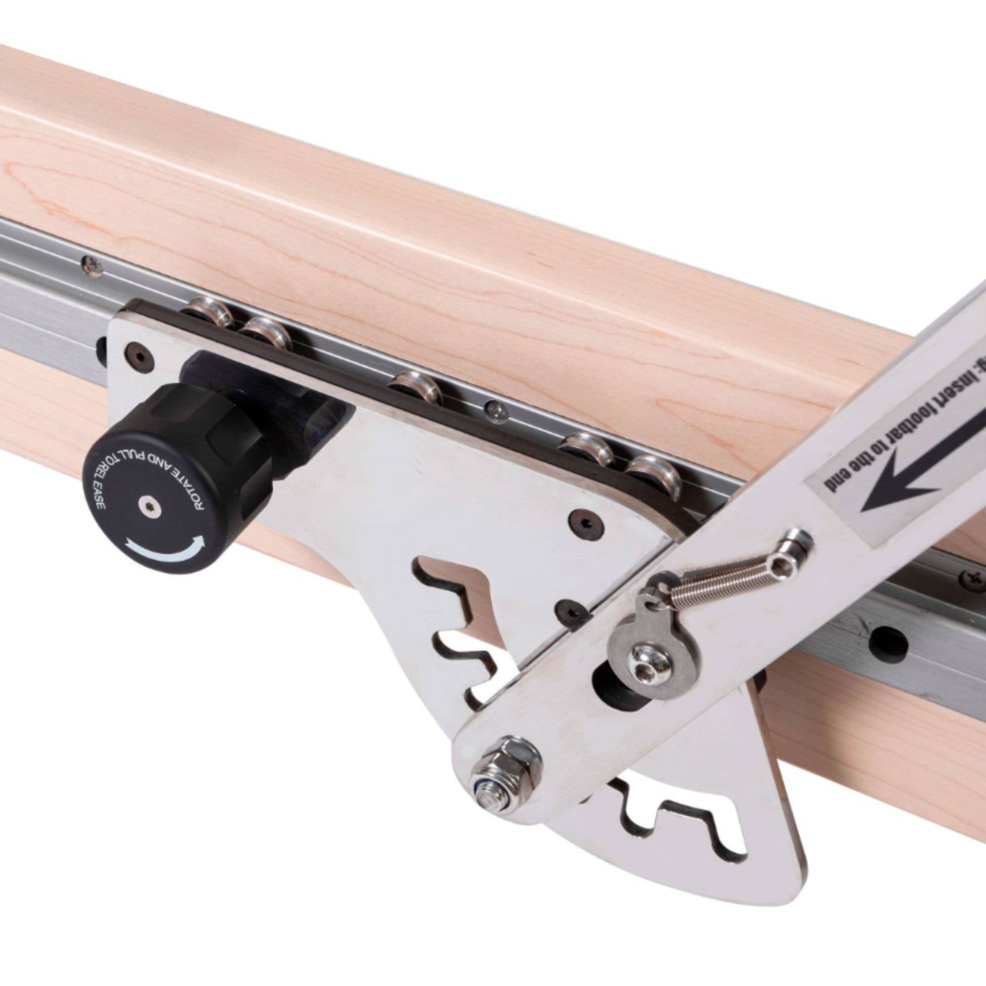 Physio Reformer Master Instructor with Tower Detailed View Of Stainless Steel Footbar Adjustment System