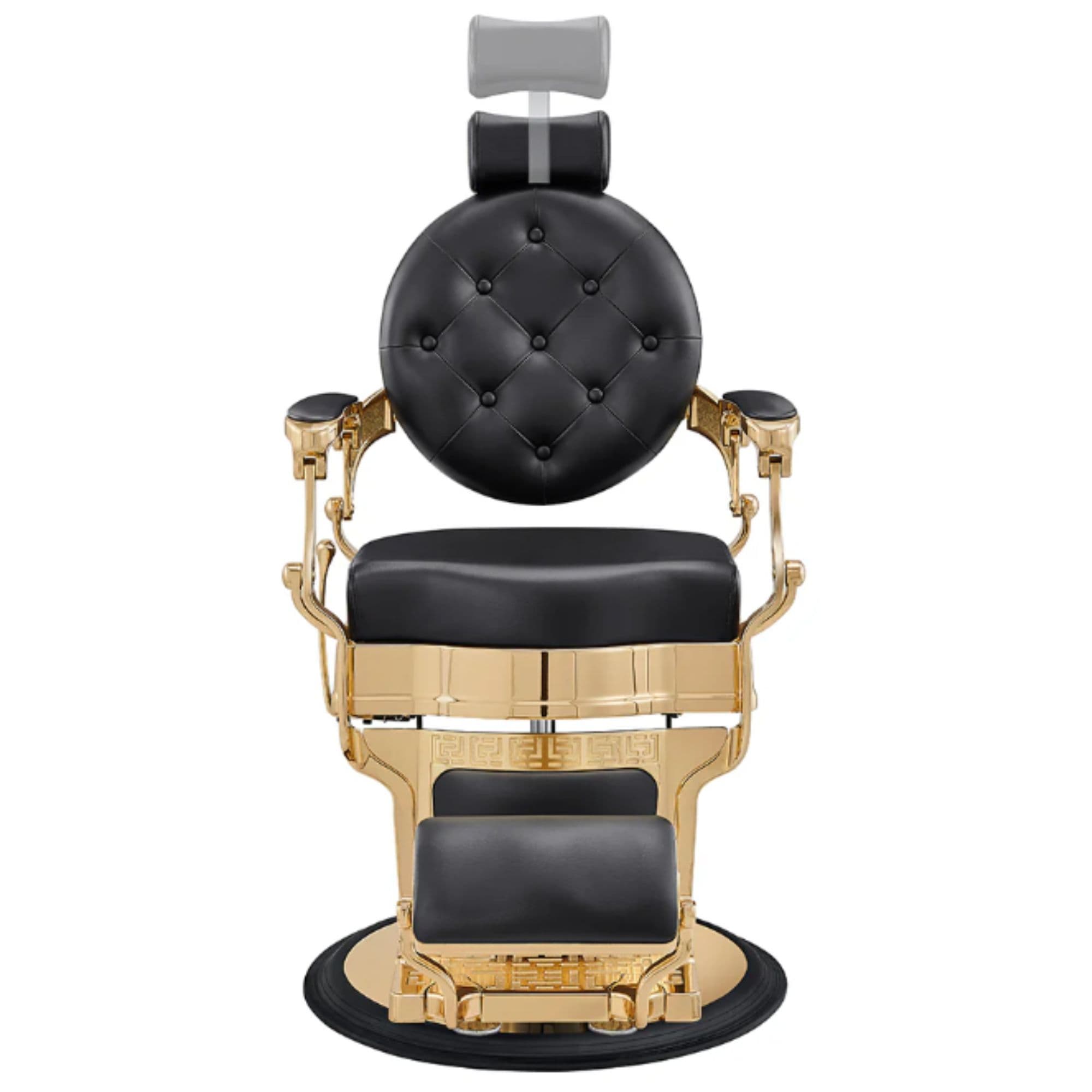 Princeton Gold Barber Chair Black Variant Front View Demonstrating Pull Out Headrest Range On White Background
