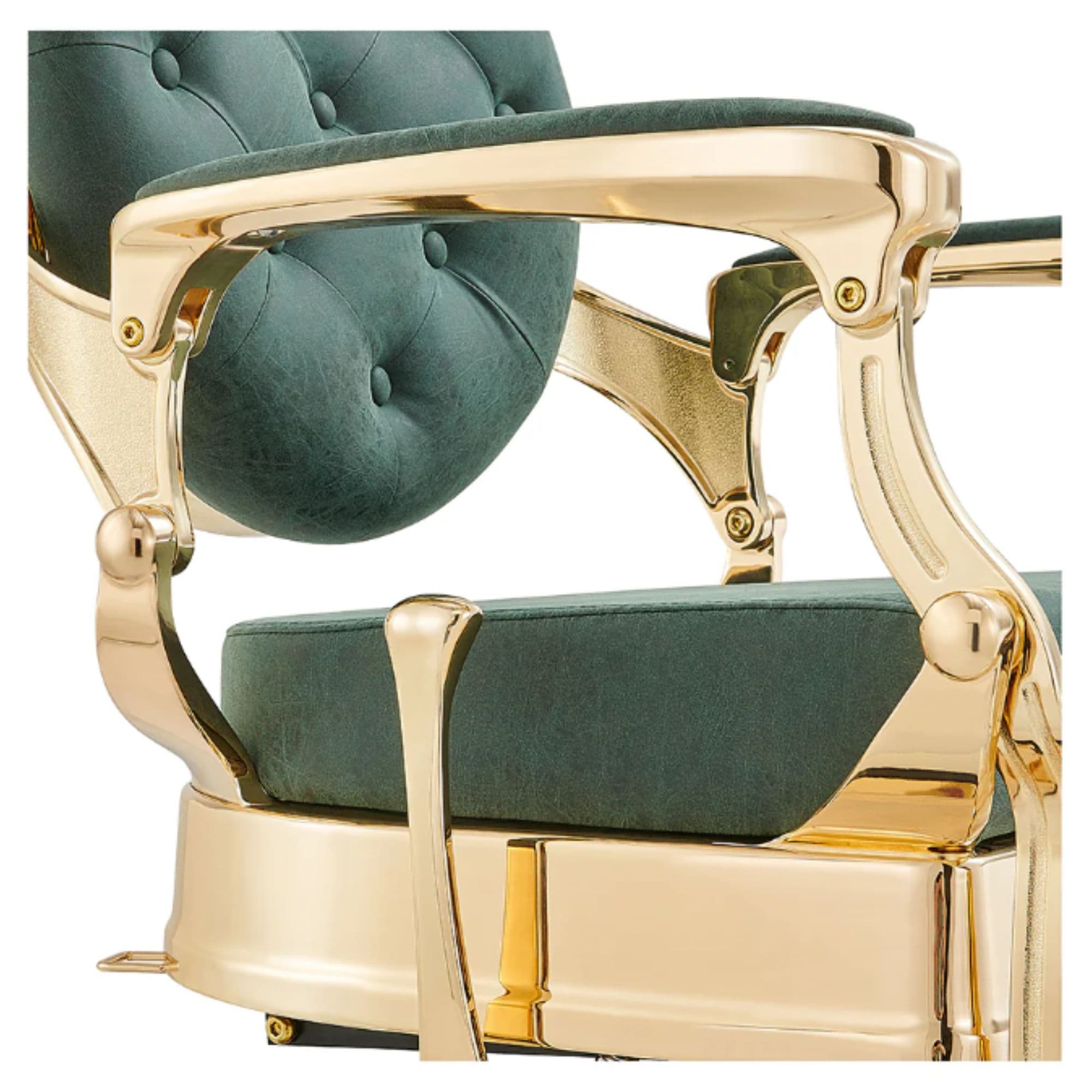 Princeton Gold Barber Chair Close-Up View Of Decorative Armrest Support And Vintage Green Upholstered Seat