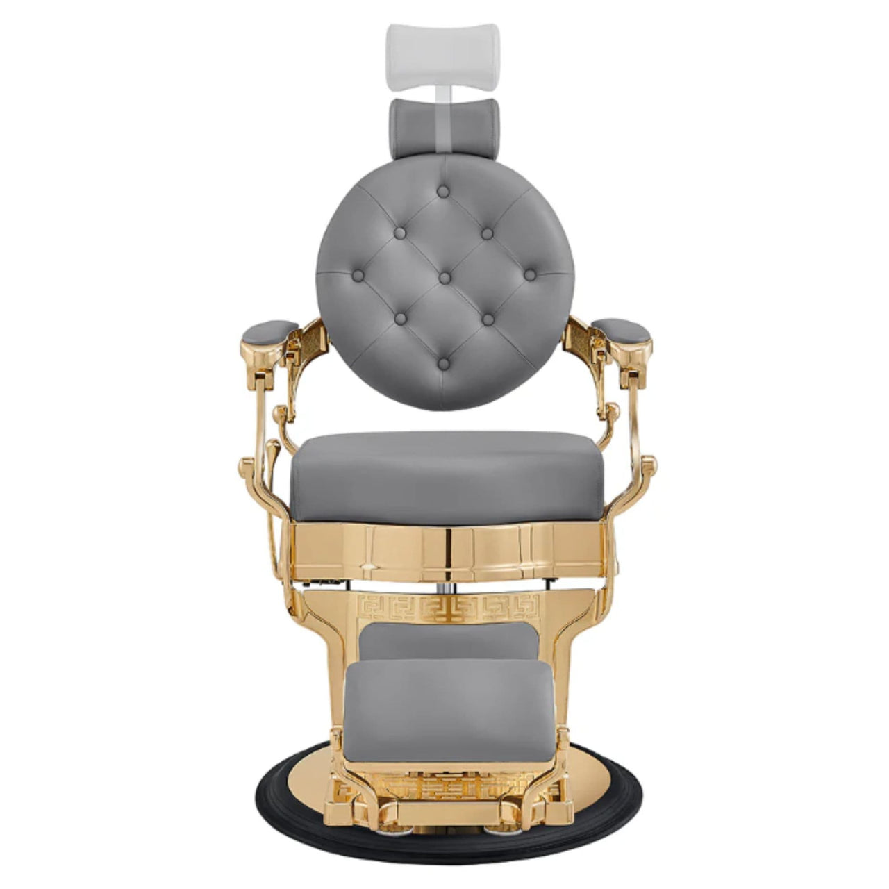 Princeton Gold Barber Chair Gray Variant Front View Demonstrating Pull Out Headrest Range On White Background