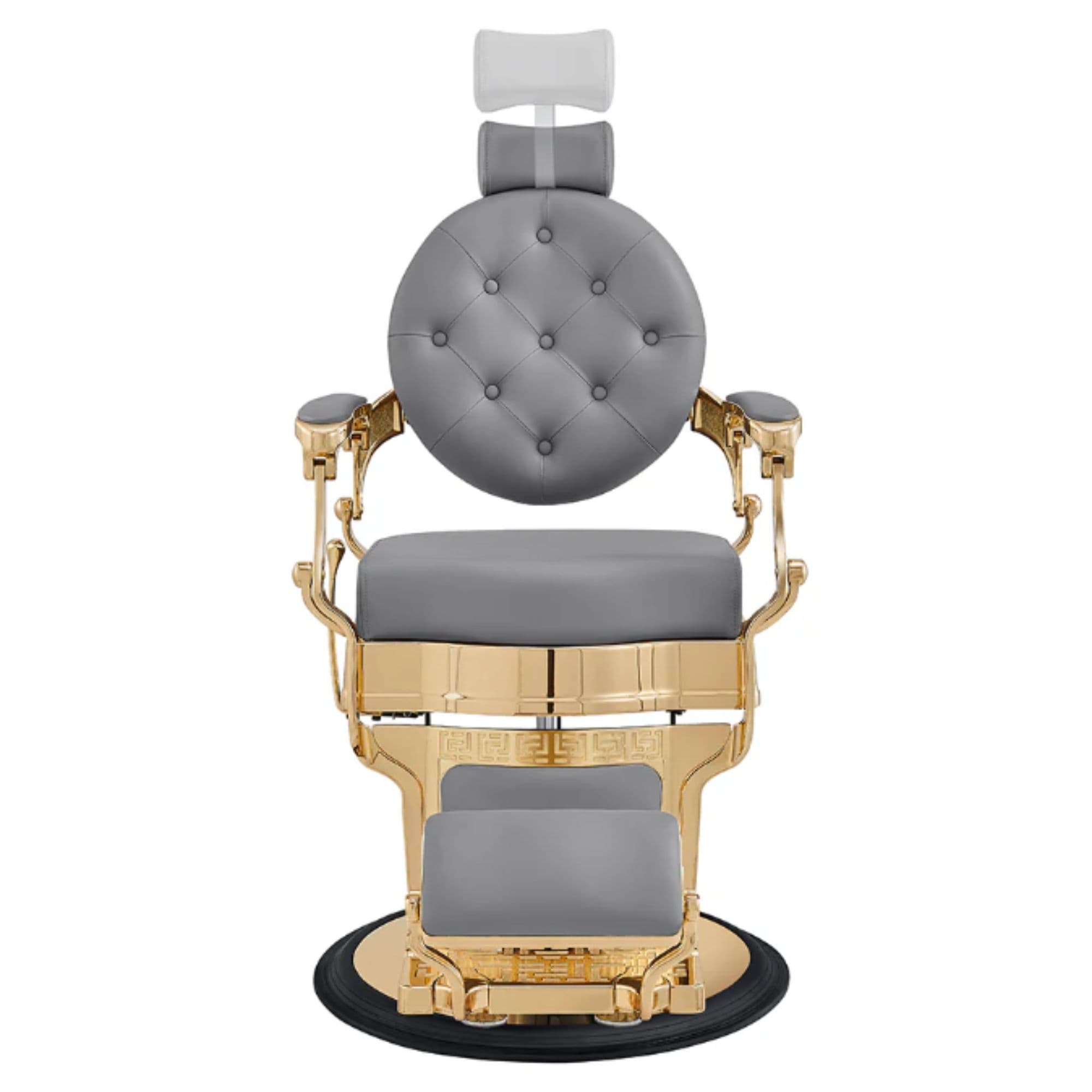Princeton Gold Barber Chair Gray Variant Front View Demonstrating Pull Out Headrest Range On White Background
