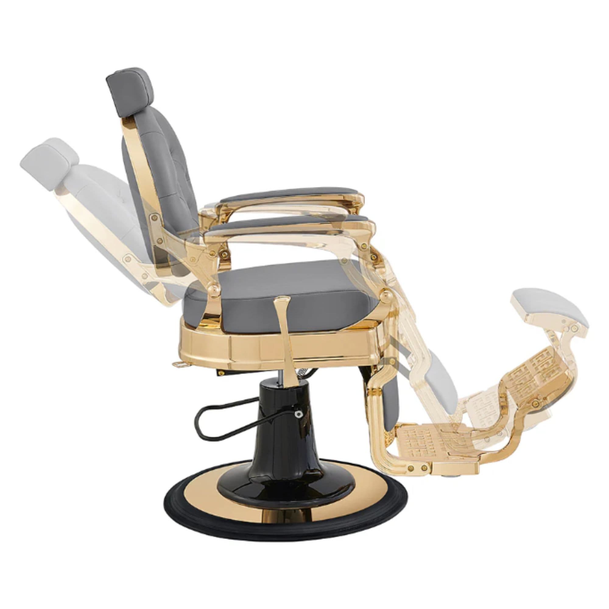 Princeton Gold Barber Chair Gray Variant Side View Demonstrating Swing Adjustment On White Background