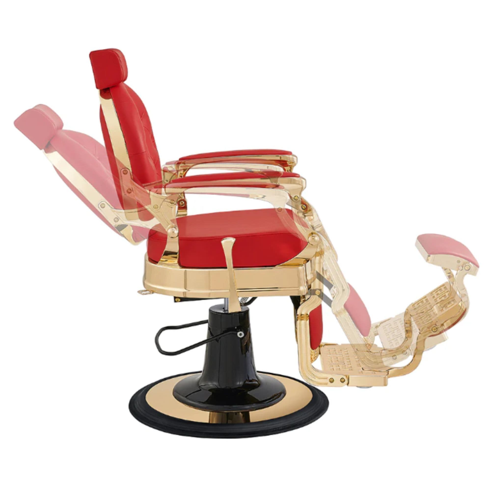 Princeton Gold Barber Chair Princeton Gold Barber Chair Red Variant Side View Demonstrating Swing Adjustment On White Background