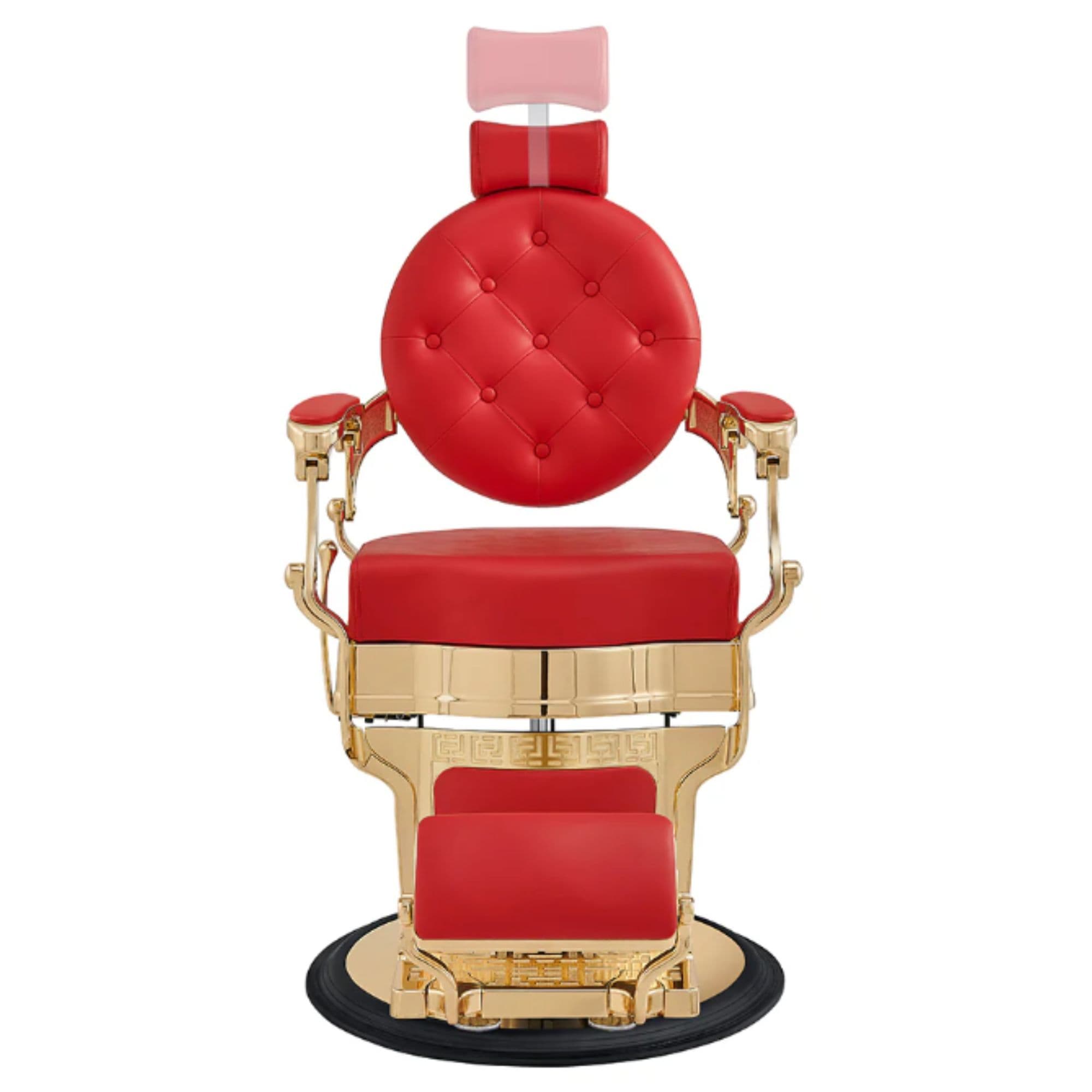 Princeton Gold Barber Chair Red Variant Front View Demonstrating Pull Out Headrest Range On White Background