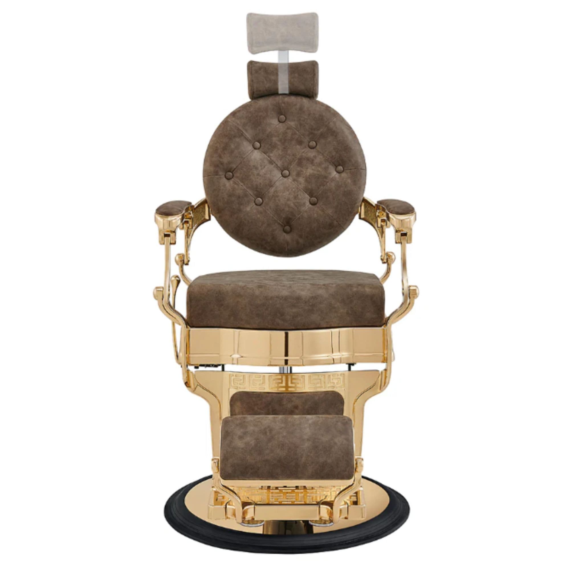 Princeton Gold Barber Chair Vintage Brown Variant Front View Demonstrating Pull Out Headrest Range On White Background