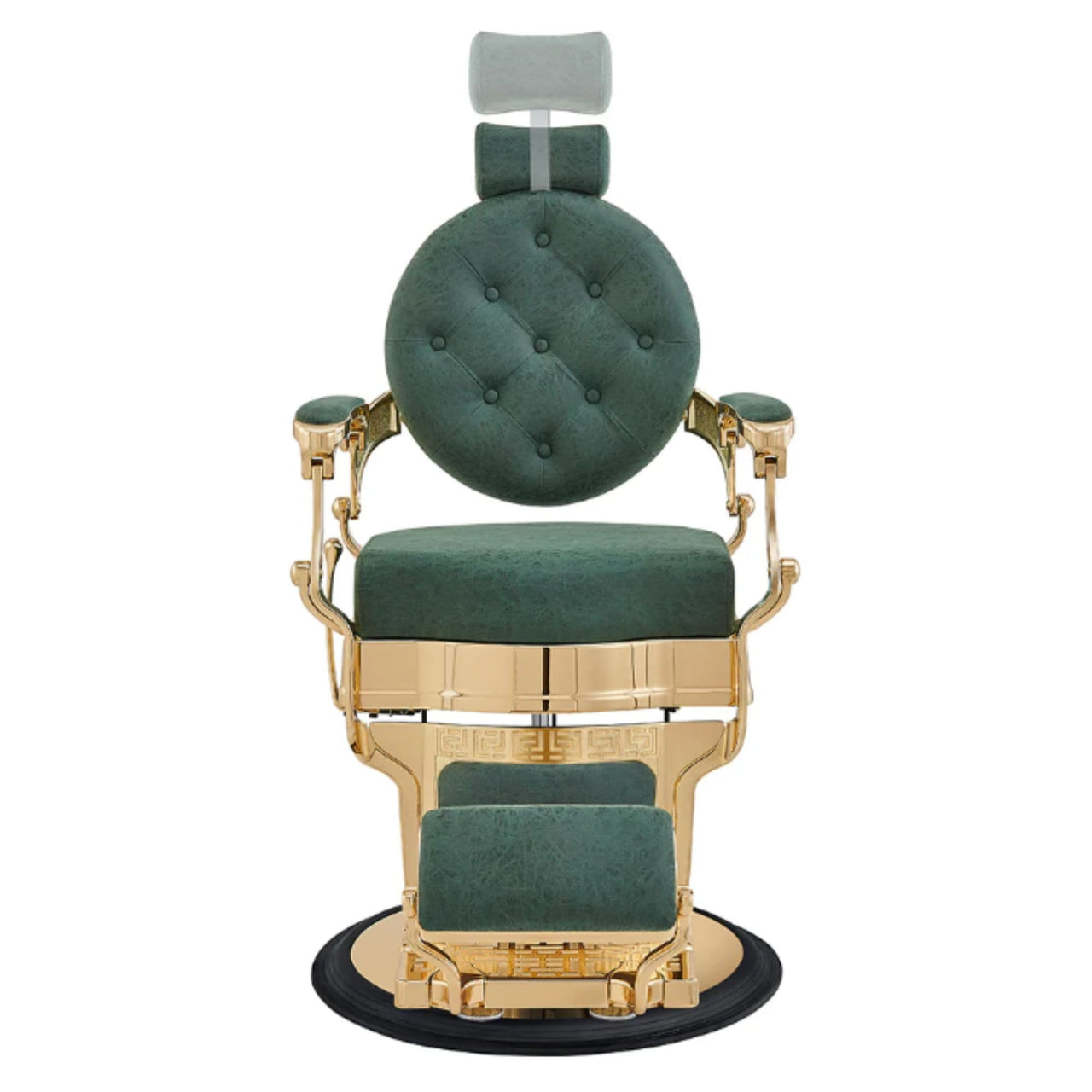 Princeton Gold Barber Chair Vintage Green Variant Front View Demonstrating Pull Out Headrest Range On White Background
