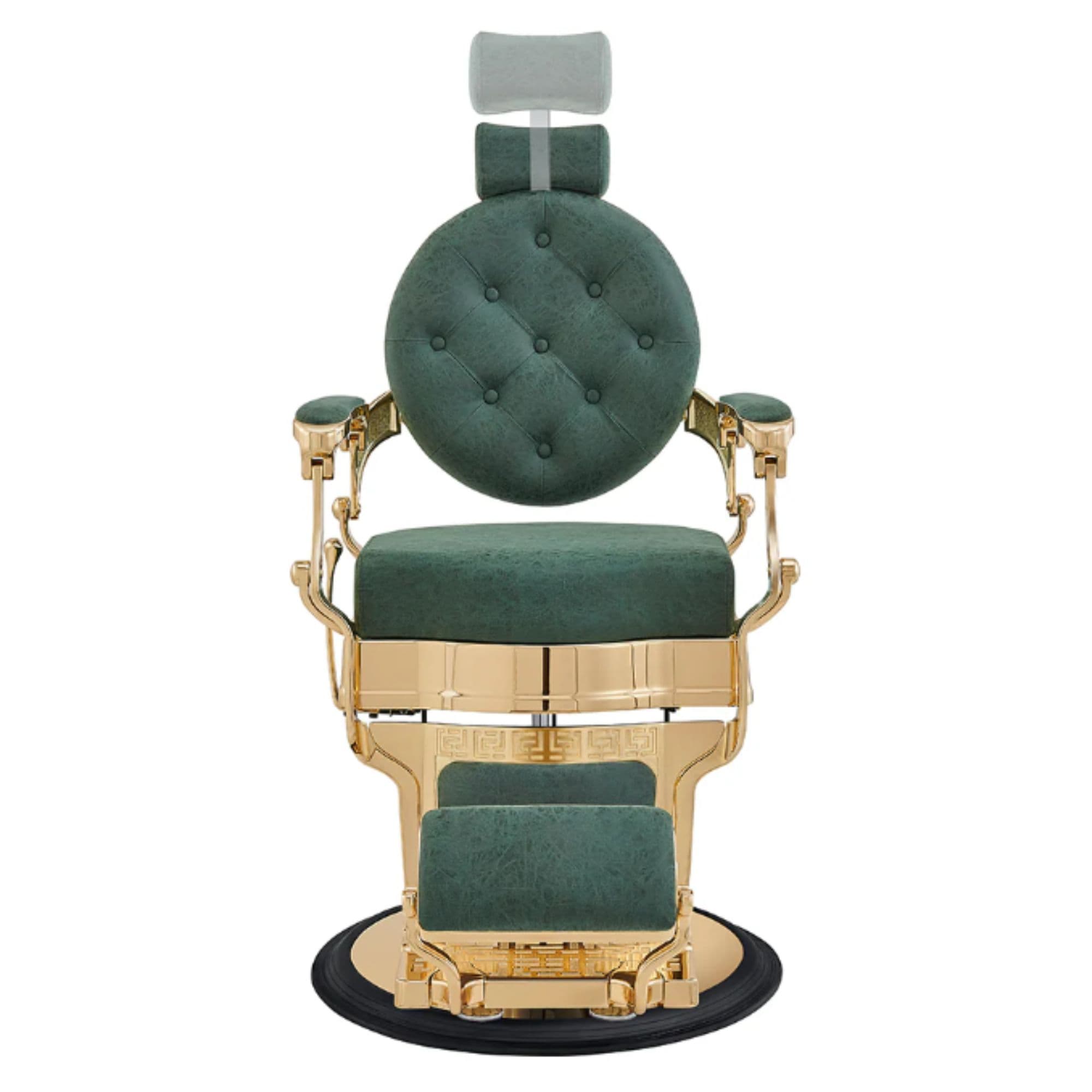 Princeton Gold Barber Chair Vintage Green Variant Front View Demonstrating Pull Out Headrest Range On White Background