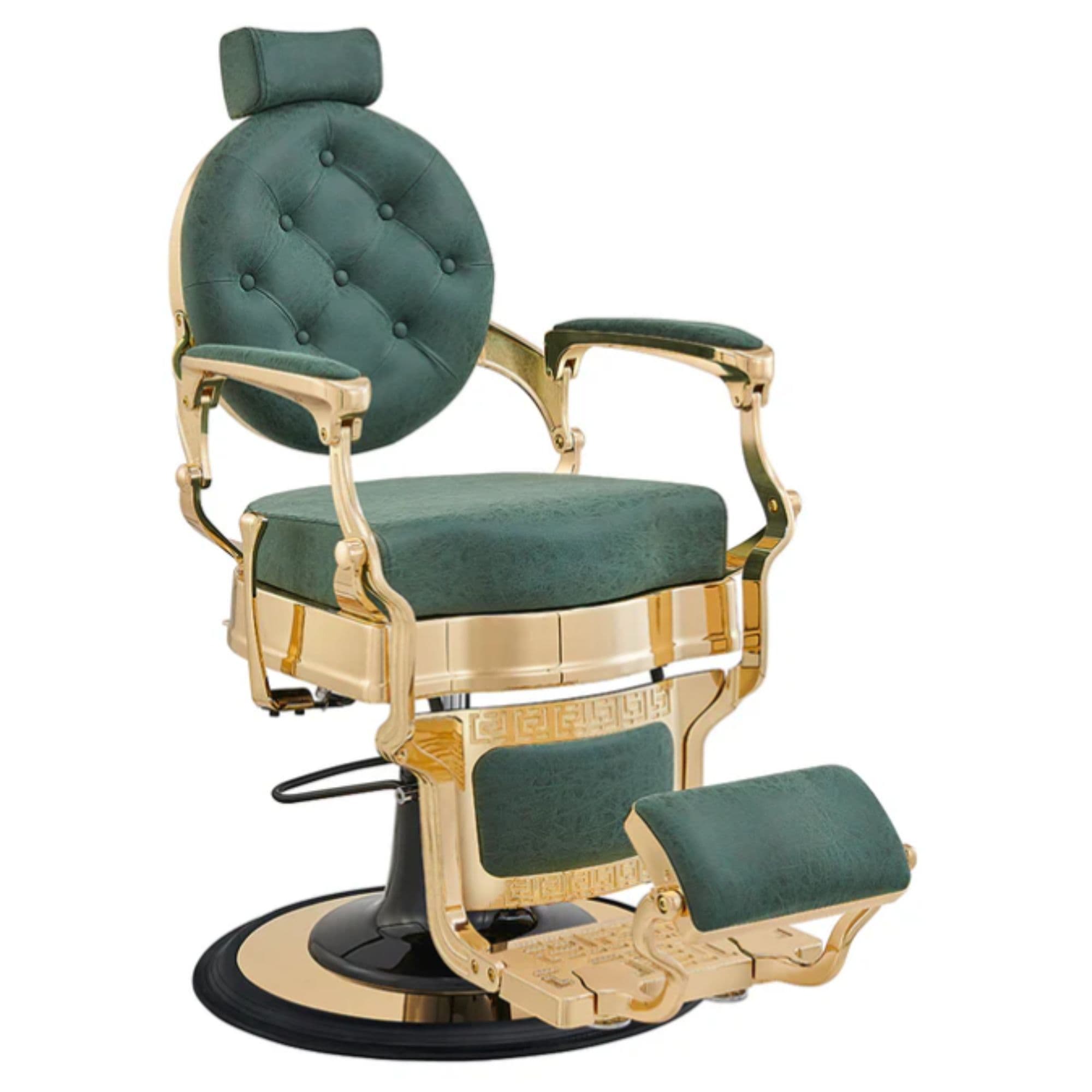 Princeton Luxury Gold Barber Chair Vintage Green Variant Front Angled View On White Background