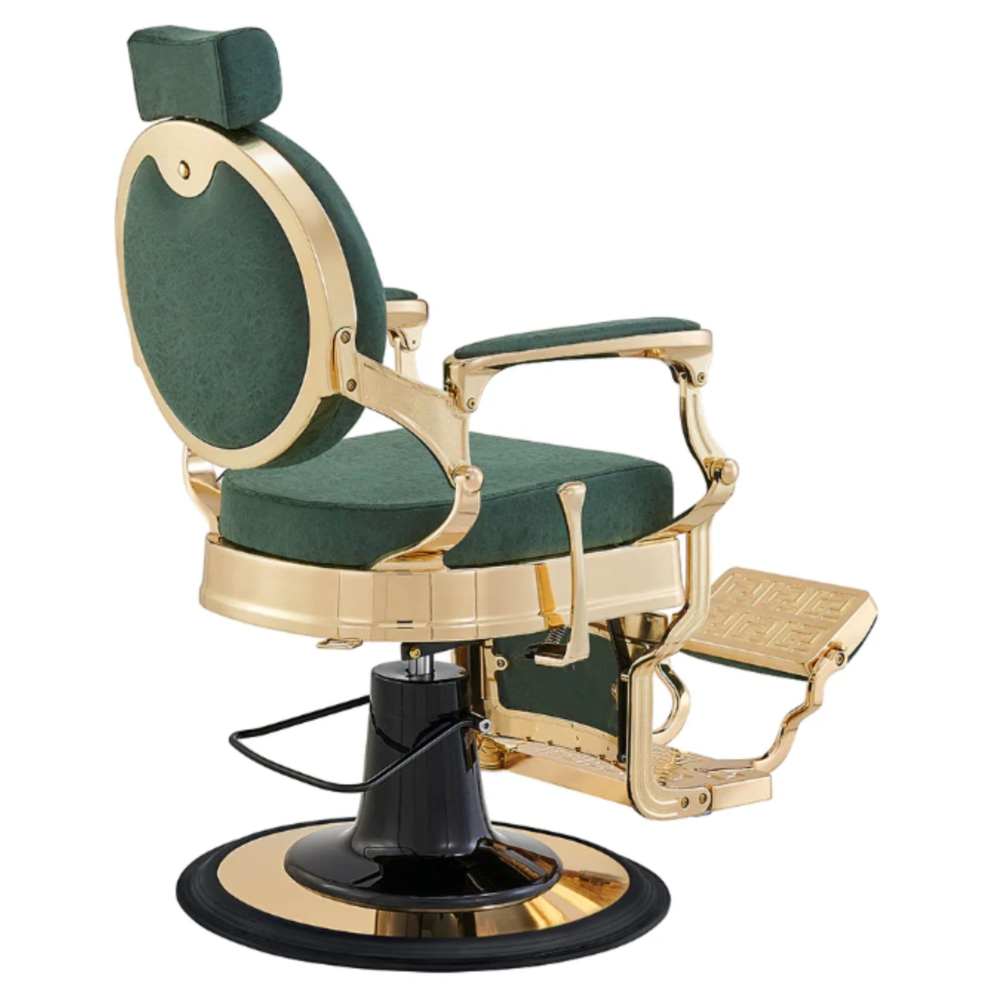 Princeton Luxury Gold Barber Chair Vintage Green Variant Rear Angled View On White Background