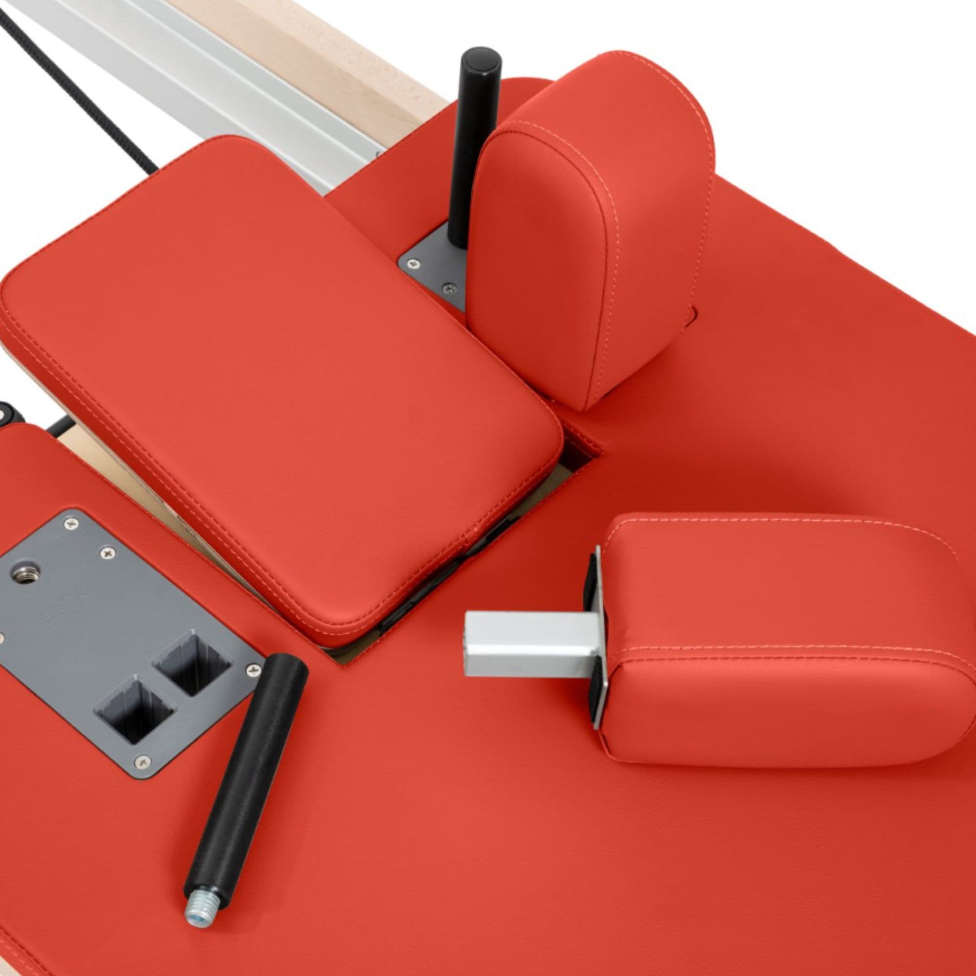 Reformer Elina Pilates Foldable for Home + Box Red Variant Showing Removable Headrest And Shoulder Rest System