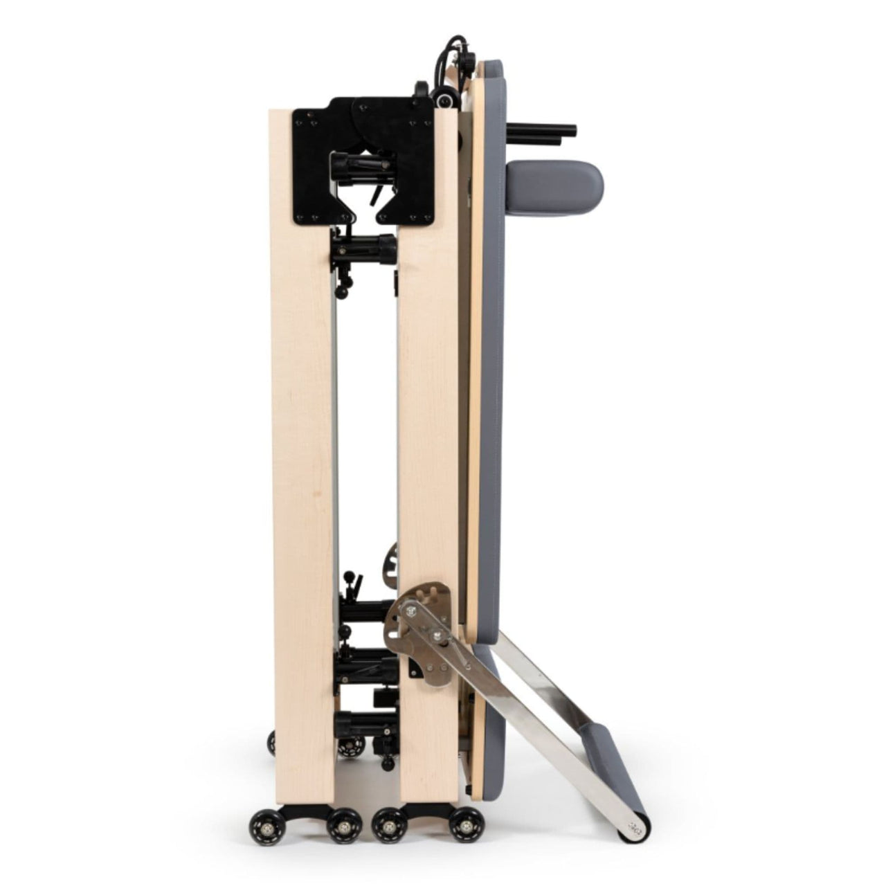 Reformer Elina Pilates Foldable for Home Plus Box Gray Variant Side View Showing Space-Saving Folded Configuration On White Background