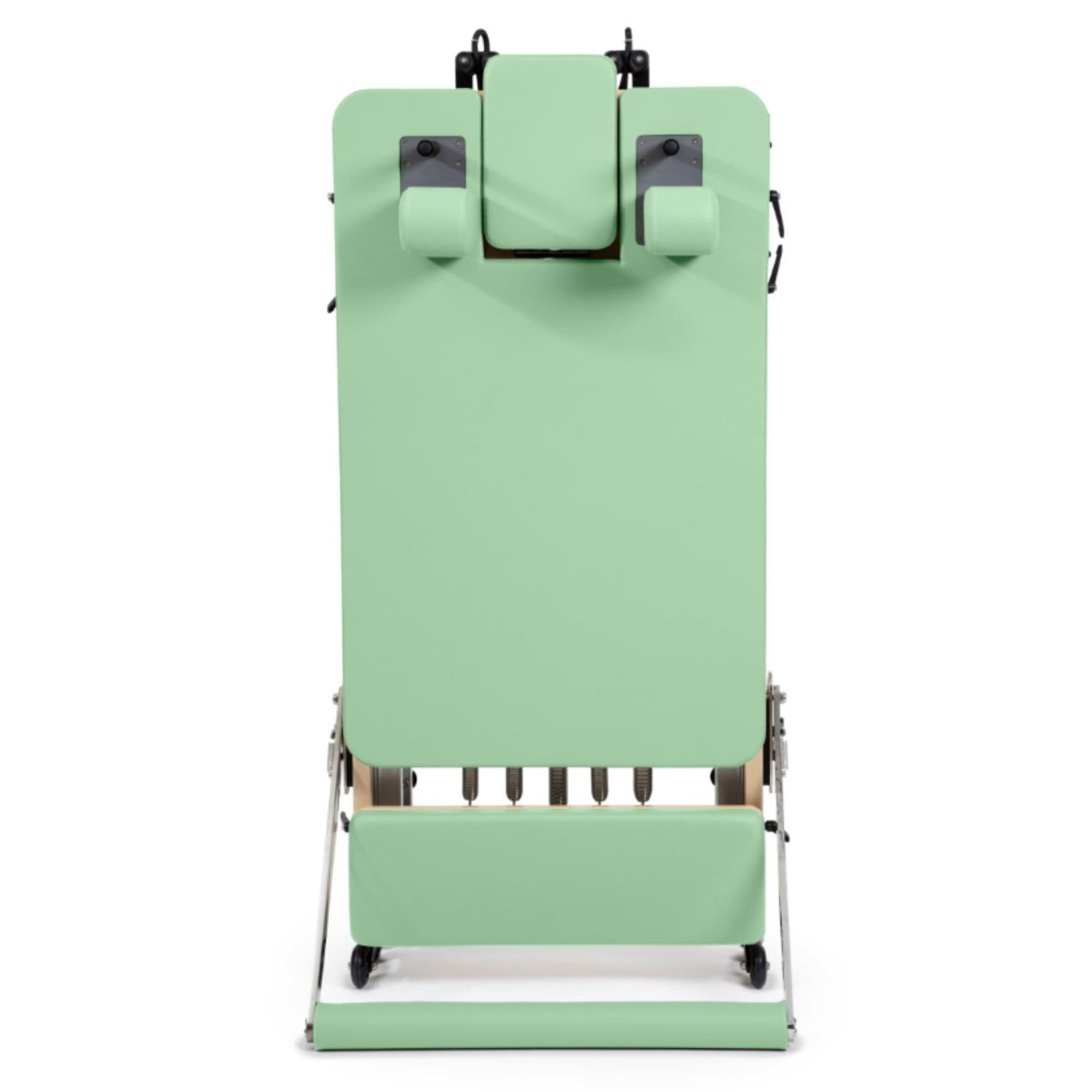 Reformer Elina Pilates Foldable for Home Plus Box  Green Variant Showing Upright Position On White Background