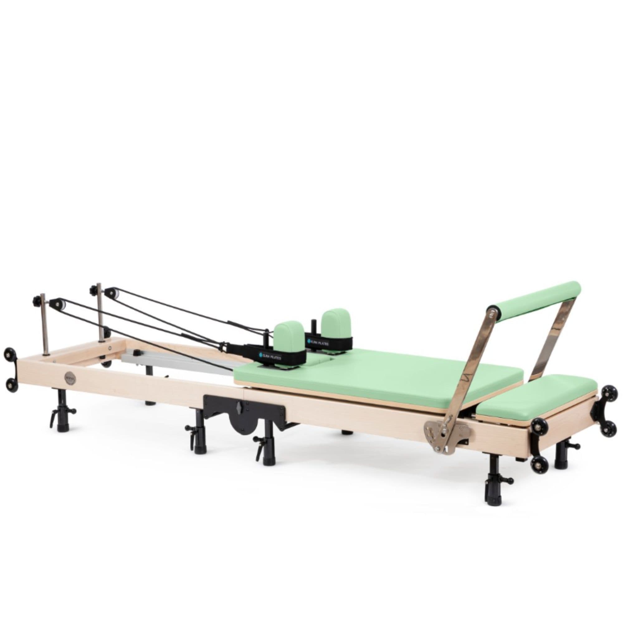 Reformer Elina Pilates Foldable for Home Plus Box  Green Variant Side View With Rope And Spring Resistance System