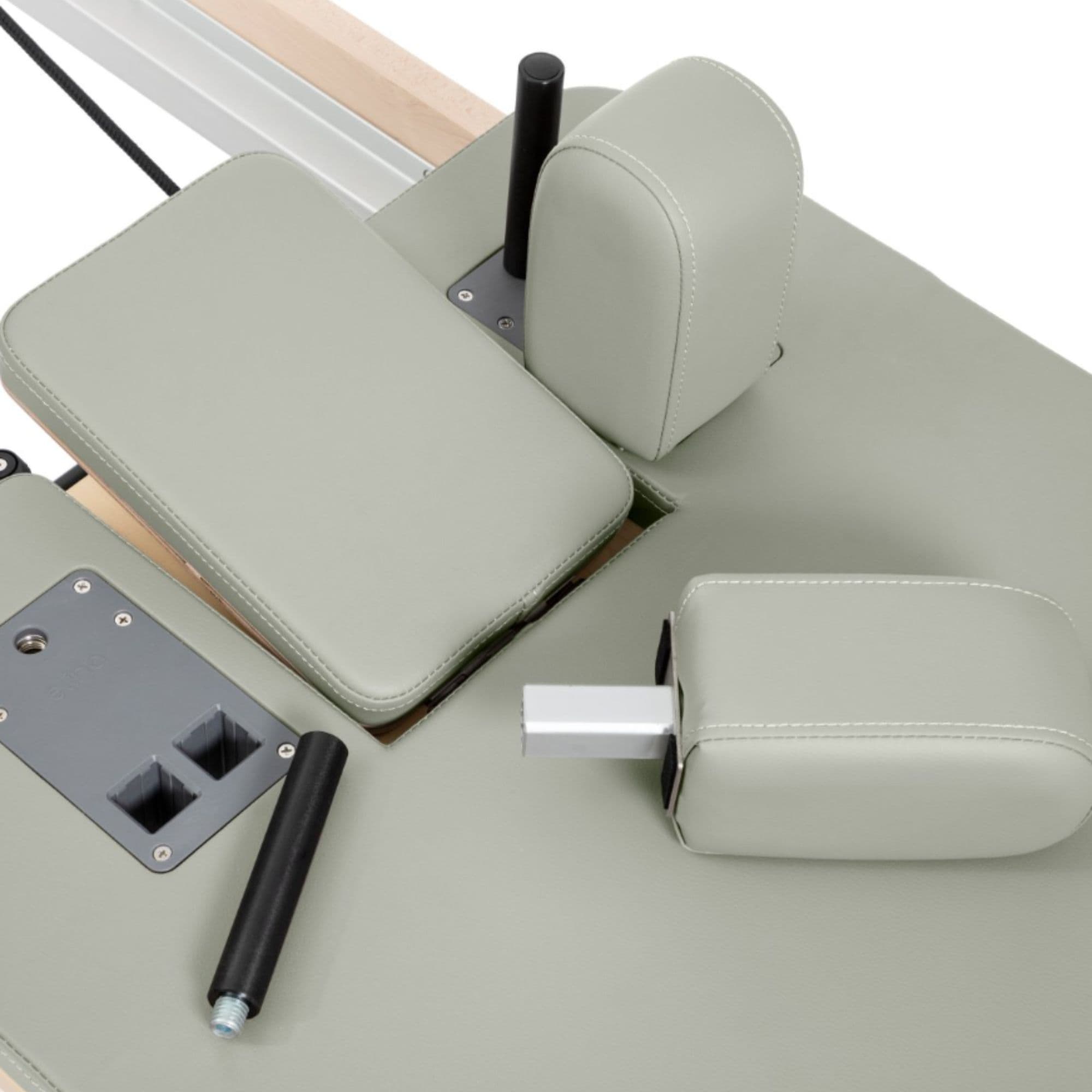 Reformer Elina Pilates Foldable for Home Plus Box  Iceberg Variant Close-Up View Showing Removable Headrest And Shoulder Rest System
