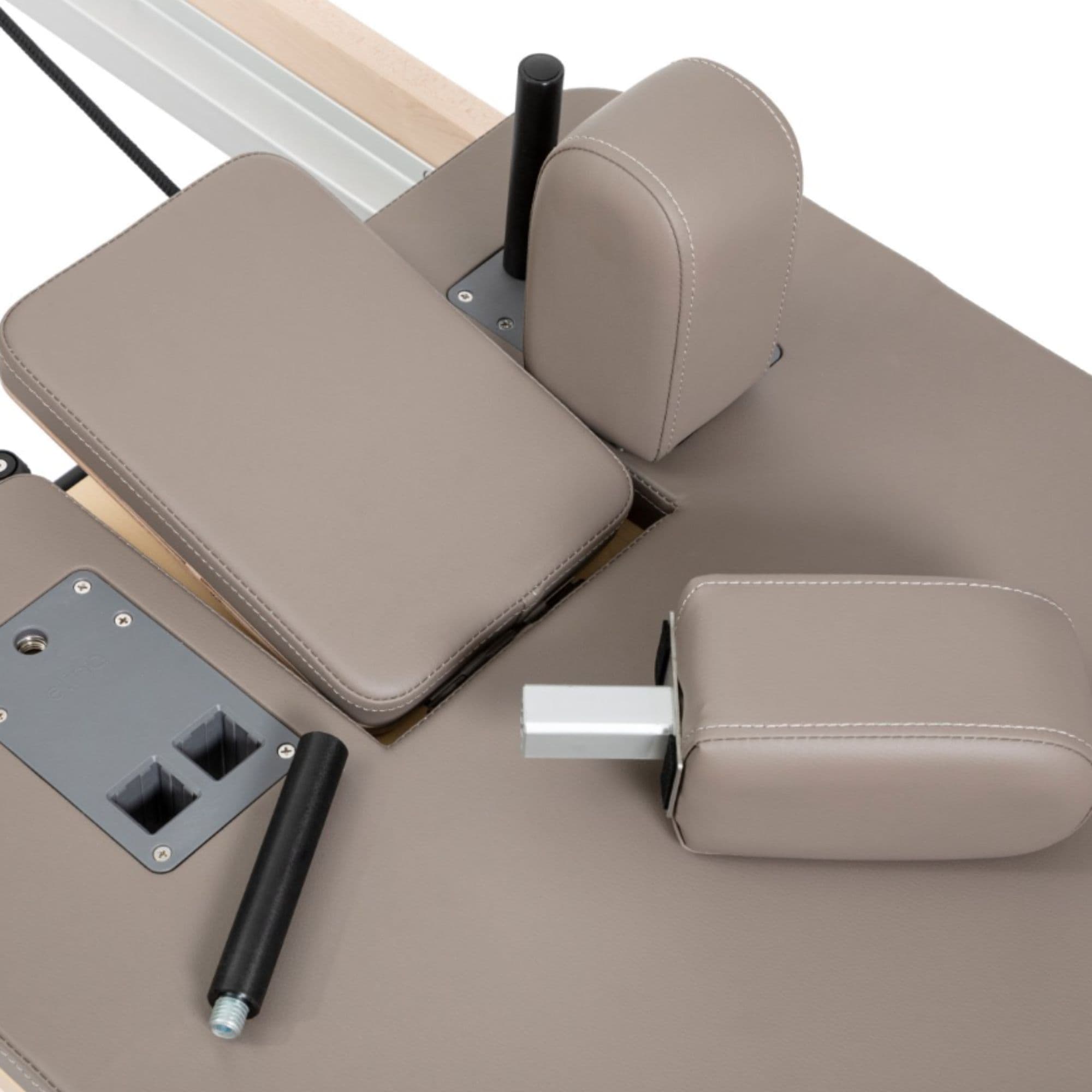 Reformer Elina Pilates Foldable for Home Plus Box  Mocha Variant Close-Up View Showing Removable Headrest And Shoulder Rest System