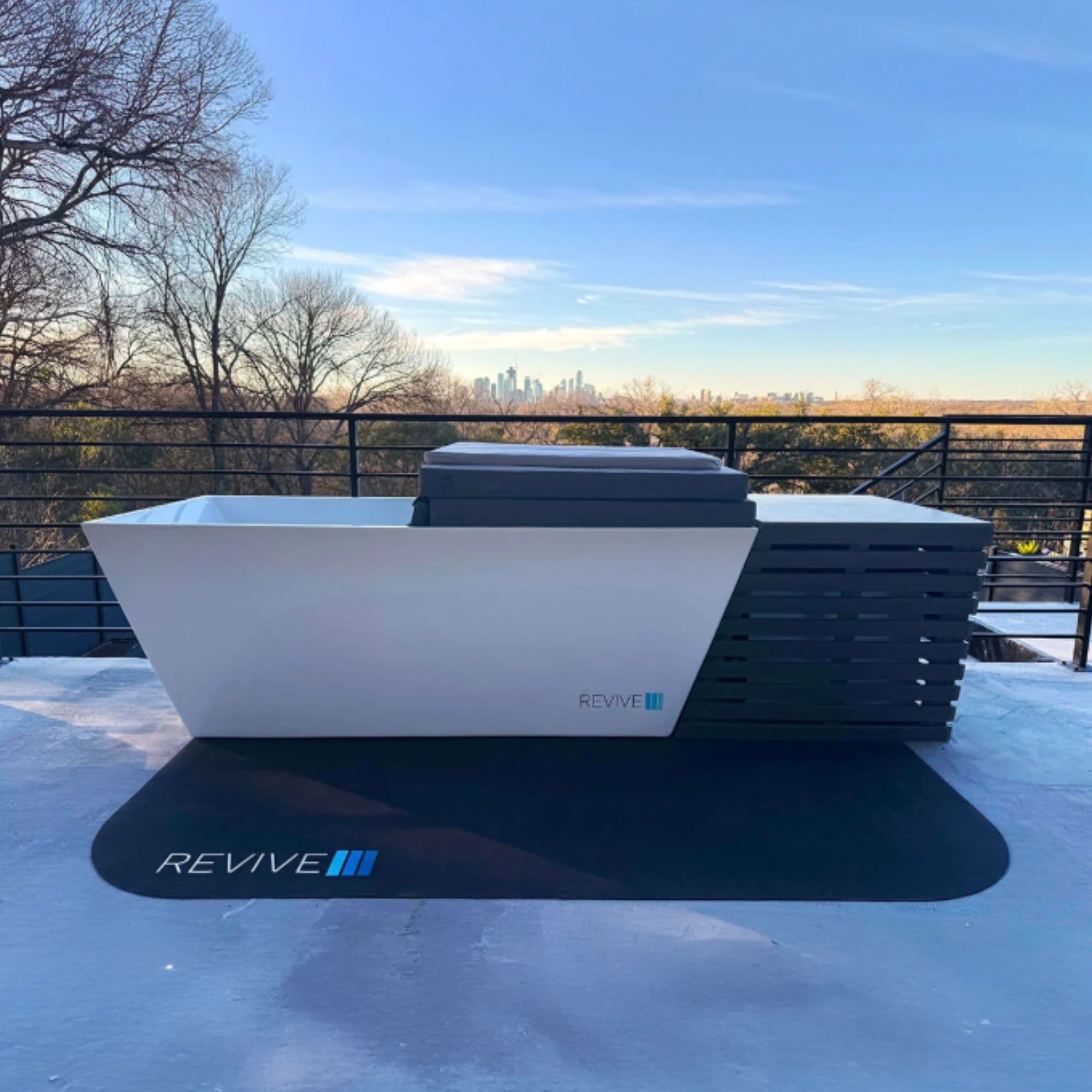 Revive Chiller Cover For Acrylic Plunge Front View Shown With Plunge And Chiller On Outdoor Balcony With Scenic View