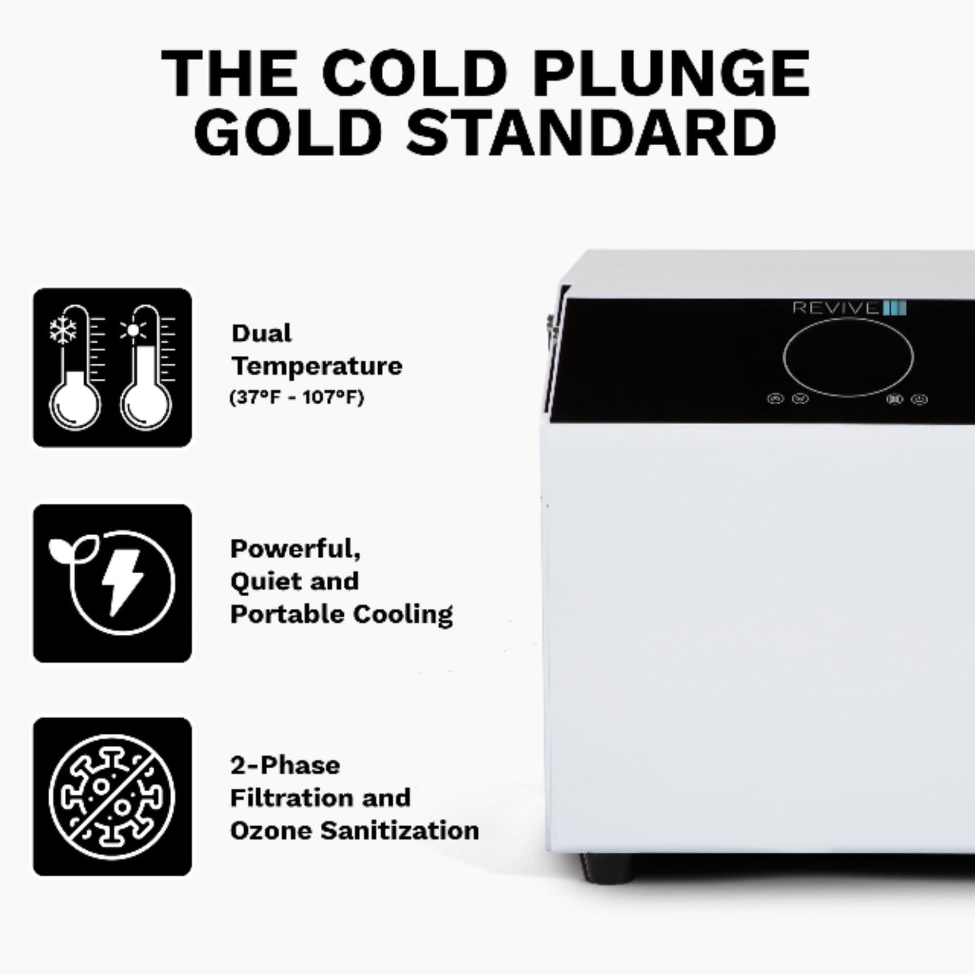 Revive Inflatable Barrel Cold Plunge Front View With List Of Features For Chiller