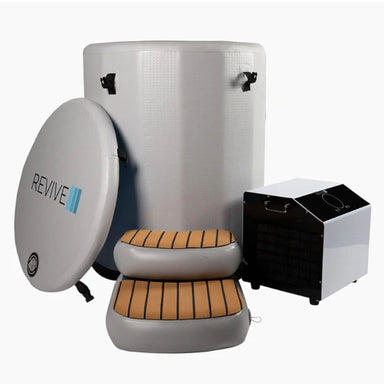 Revive Inflatable Barrel Plunge 1HP Chiller – .3HP And .8HP Options Complete Set Front View Uncovered On White Background